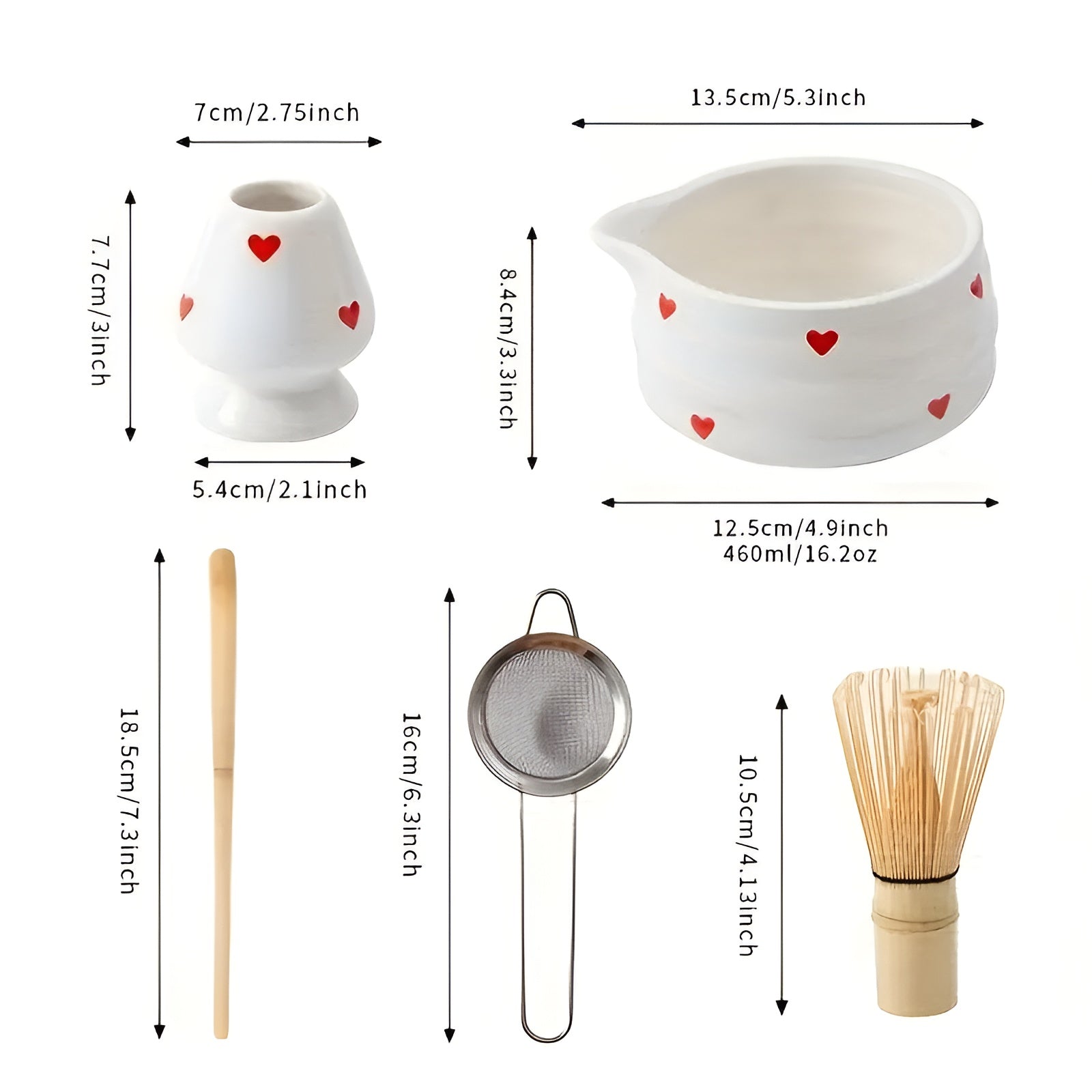 Matcha-Schale mit Herzdesign – 4/5 Stück Ausgießer & Bambusbesen | Ideal für den Hausgebrauch