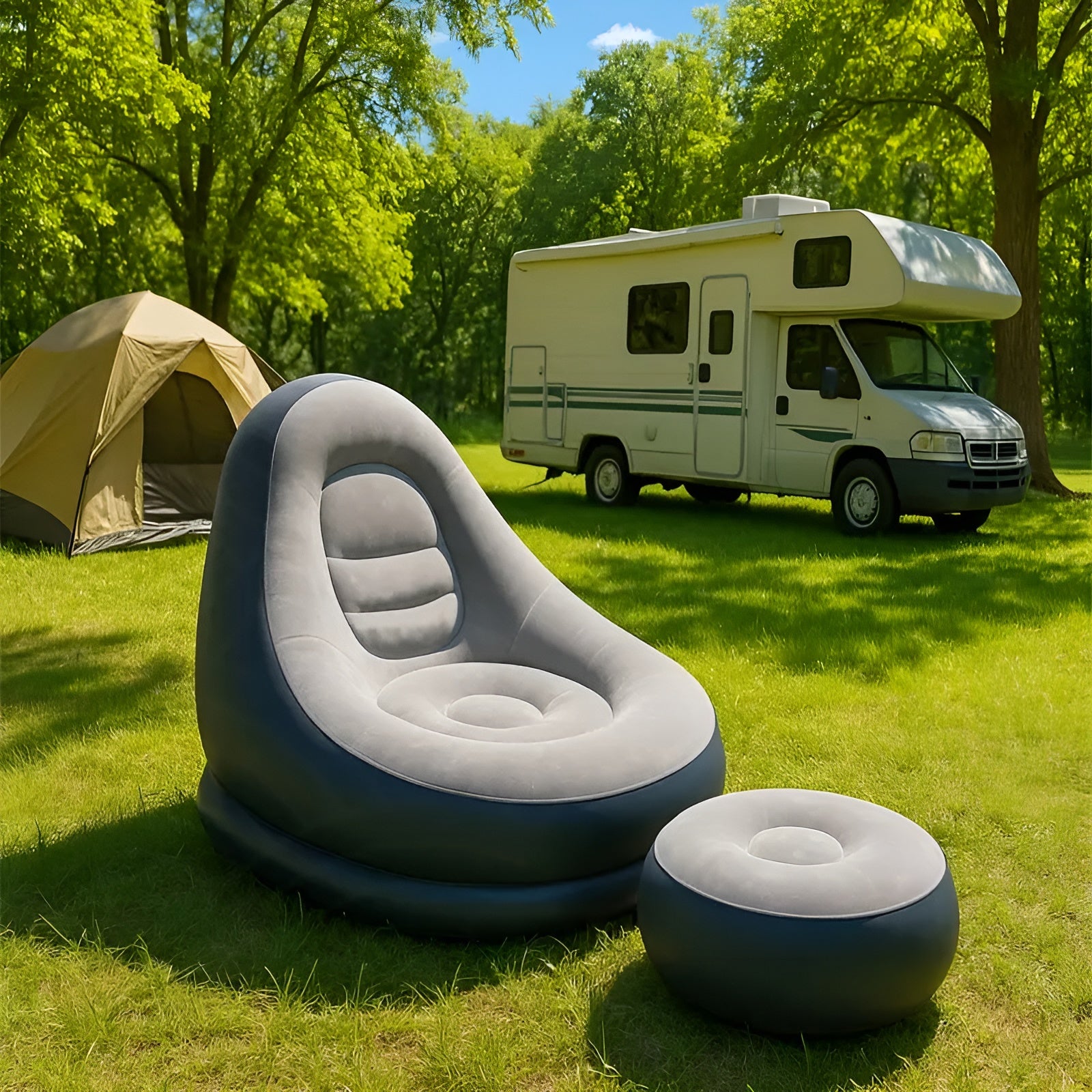 Aufblasbares Sofa mit Hocker– Schnell aufblasbar & ideal für Camping oder Wohnbereich