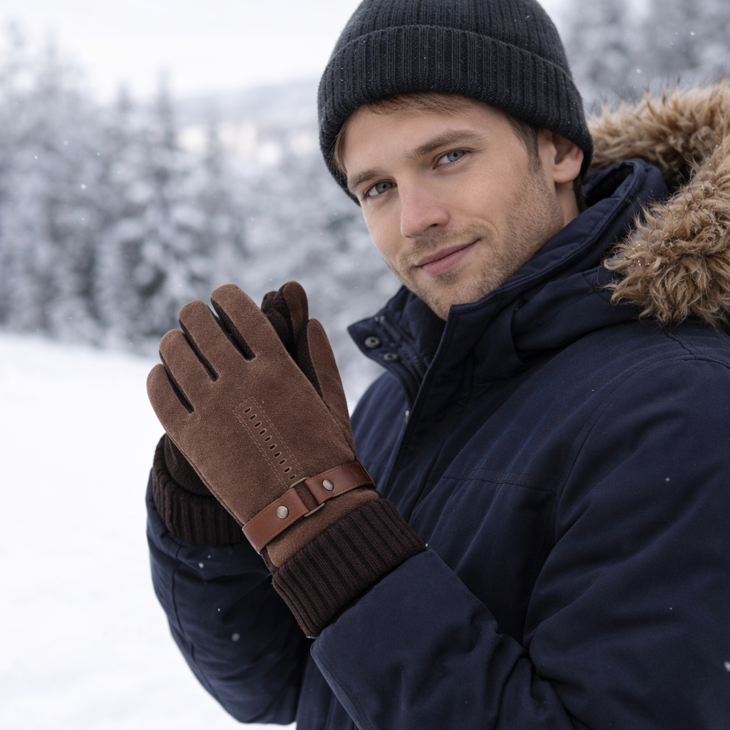 Herren Winterhandschuhe in Lederoptik – Detailansicht Außenmaterial