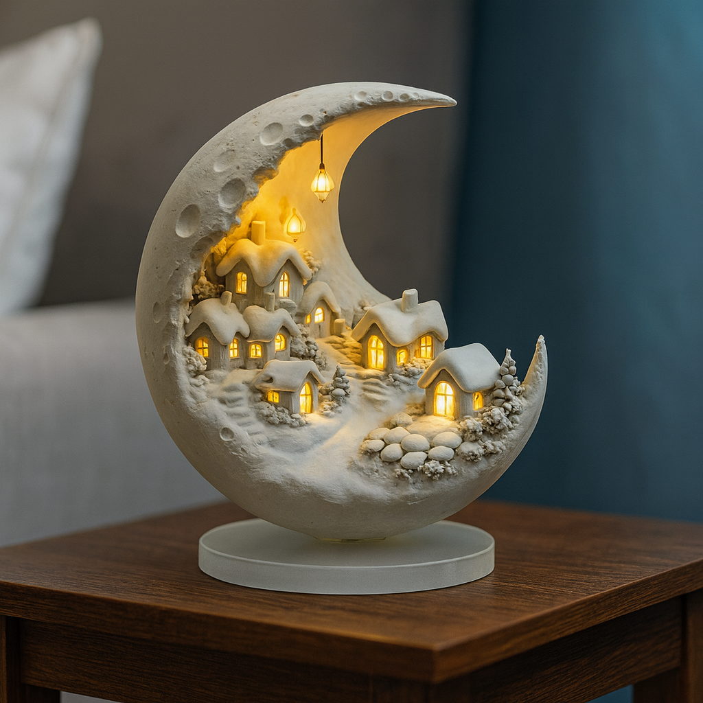 Beleuchtete Mond-Dekoration aus Acryl mit Winterdorf-Motiv auf einem Tisch