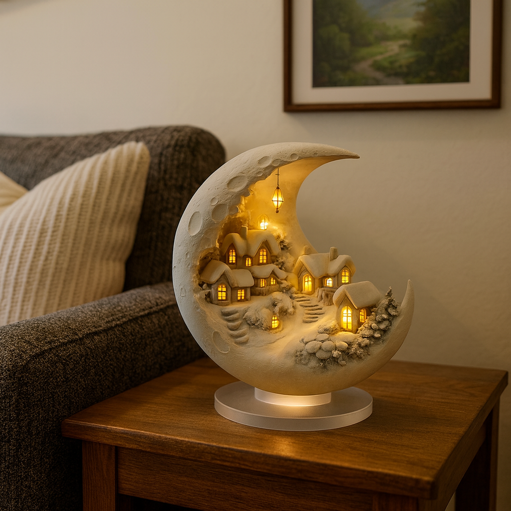 Detailansicht der Acryl-Mondleuchte mit Häuschen und Bäumen im Winterlandschafts-Design