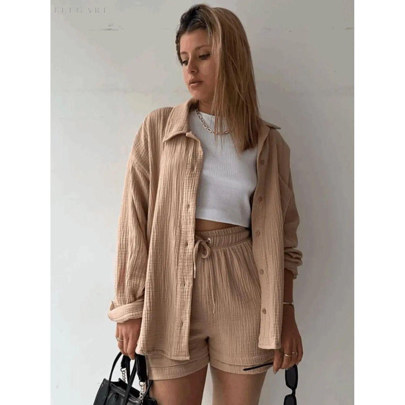 Elena Matching Set - Lässiges zweiteiliges Set aus Shorts und Hemd mit Revers - Elegare - DEA049 - Khaki-2XL