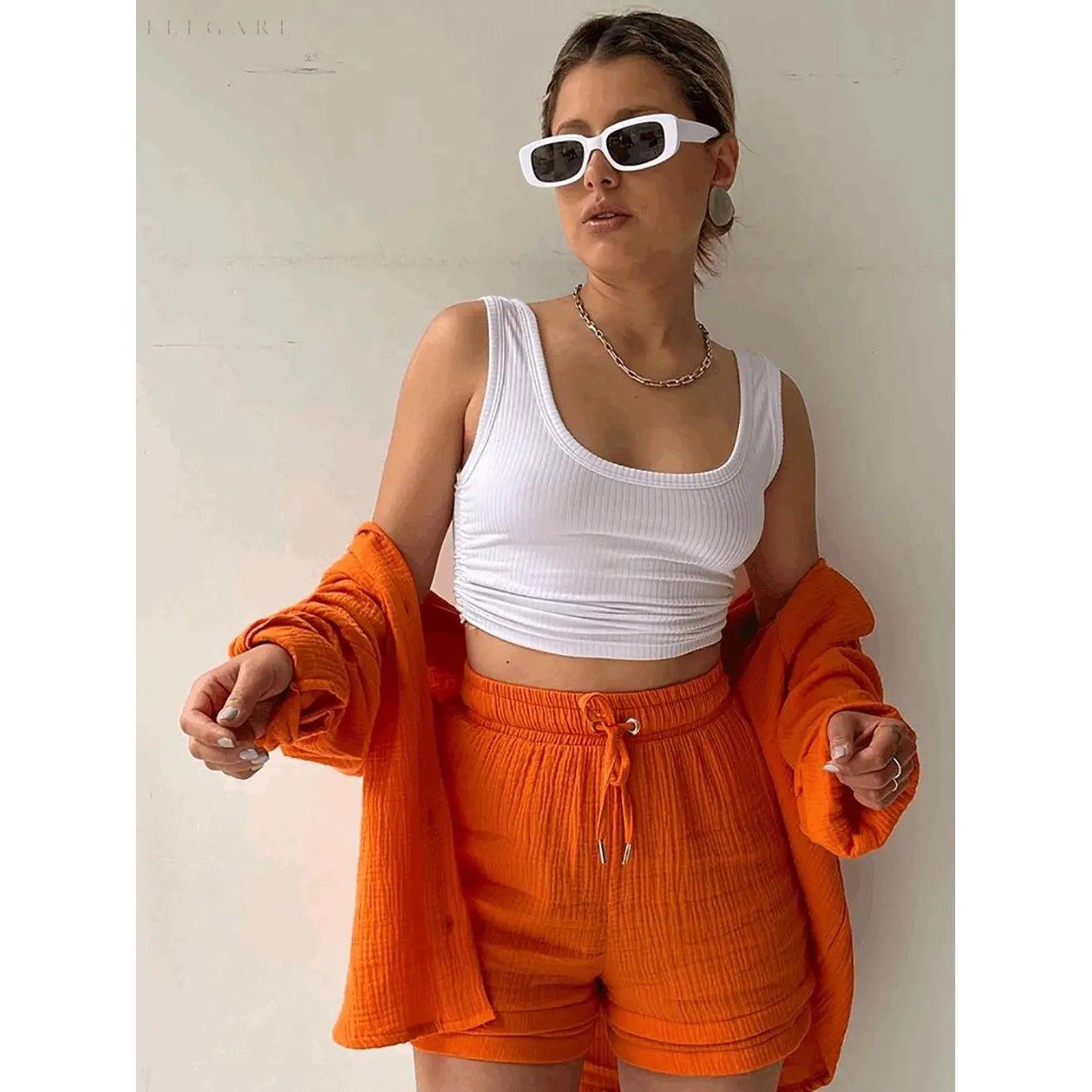 Elena Matching Set - Lässiges zweiteiliges Set aus Shorts und Hemd mit Revers - Elegare - DEA049 -