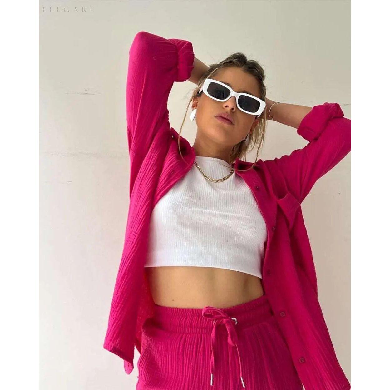 Elena Matching Set - Lässiges zweiteiliges Set aus Shorts und Hemd mit Revers - Elegare - DEA049 -