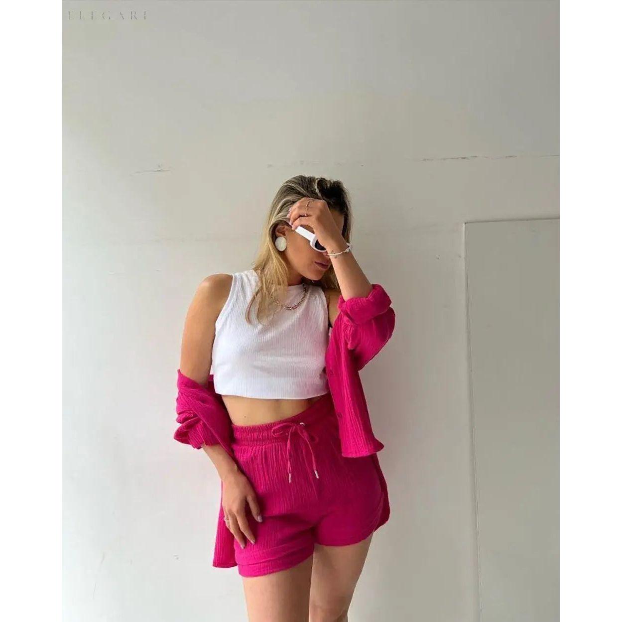 Elena Matching Set - Lässiges zweiteiliges Set aus Shorts und Hemd mit Revers - Elegare - DEA049 -