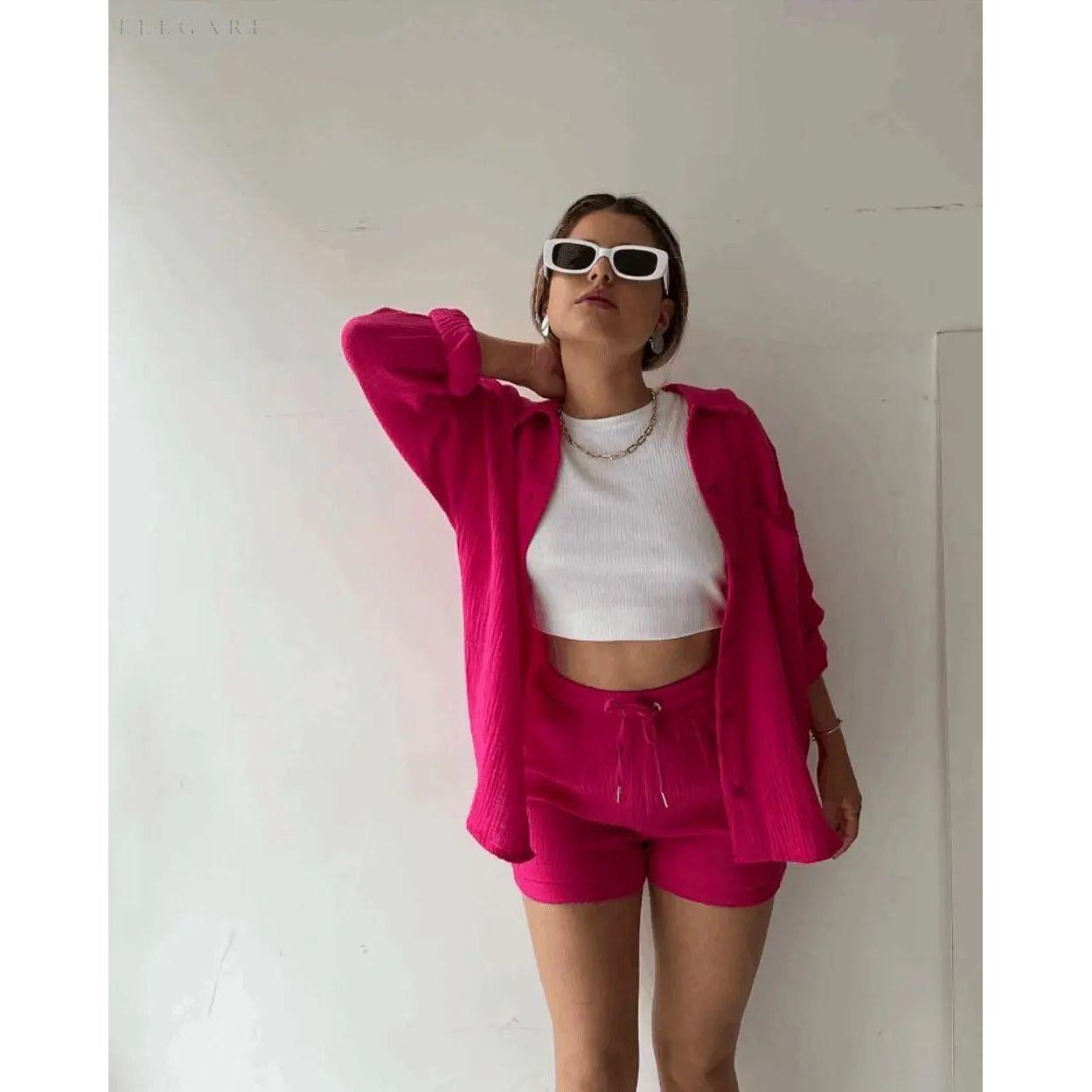 Elena Matching Set - Lässiges zweiteiliges Set aus Shorts und Hemd mit Revers - Elegare - DEA049 -