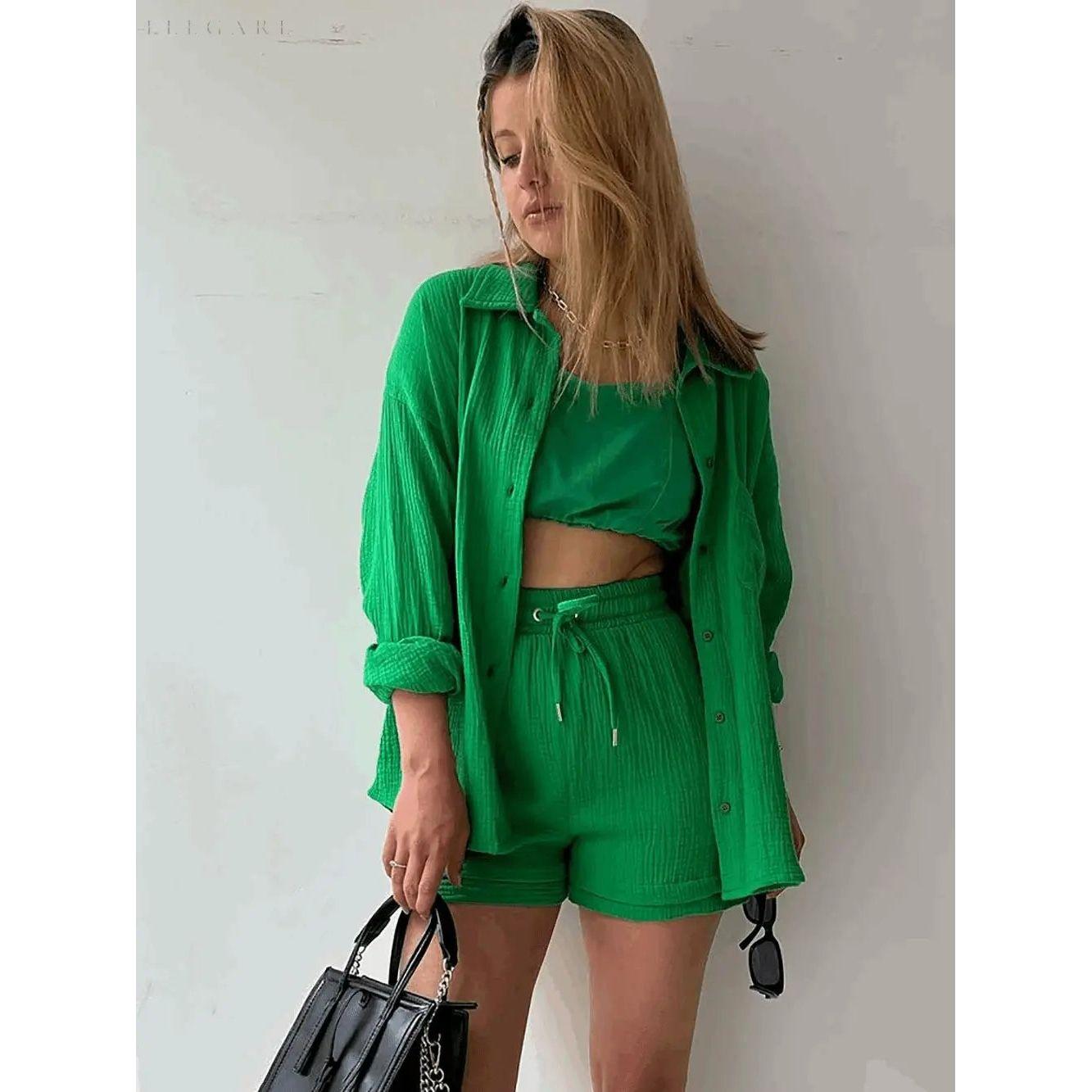 Elena Matching Set - Lässiges zweiteiliges Set aus Shorts und Hemd mit Revers - Elegare - DEA049 - Grün-2XL