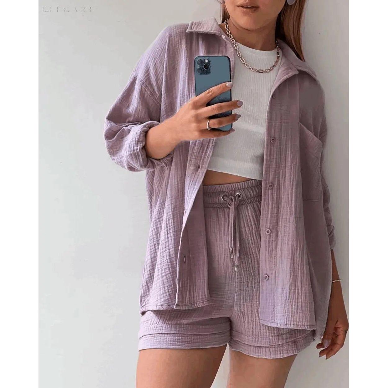 Elena Matching Set - Lässiges zweiteiliges Set aus Shorts und Hemd mit Revers - Elegare - DEA049 - Lila-2XL