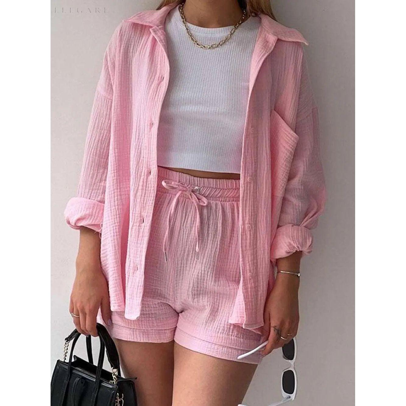 Elena Matching Set - Lässiges zweiteiliges Set aus Shorts und Hemd mit Revers - Elegare - DEA049 - Hell-Pink-2XL