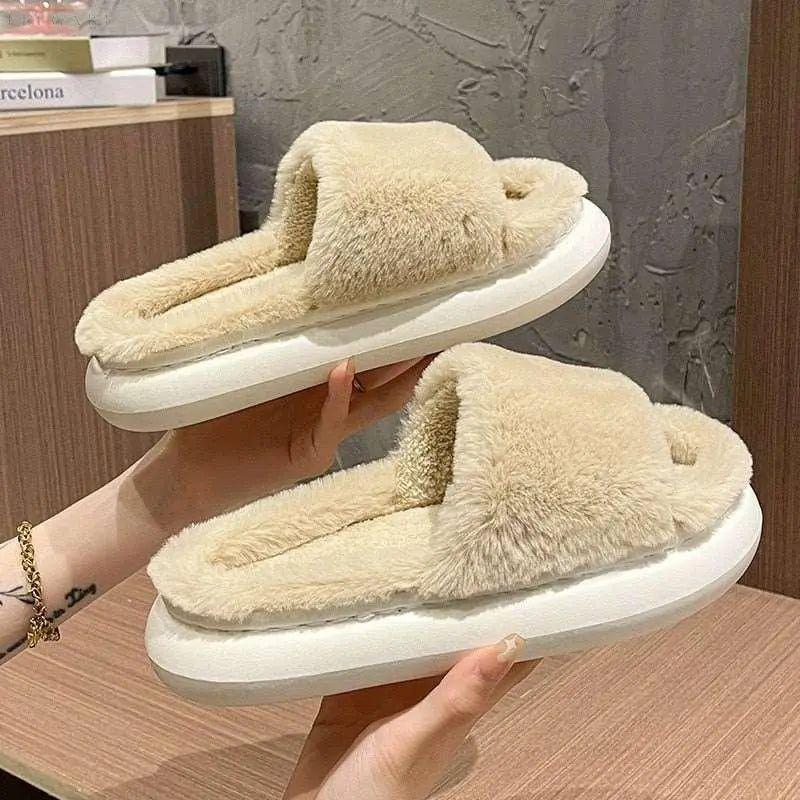 Fuzzy - Dicke flauschige Pelzpantoffeln - Elegare - DEA067 - Cremegelb-40-41-passen-39-40