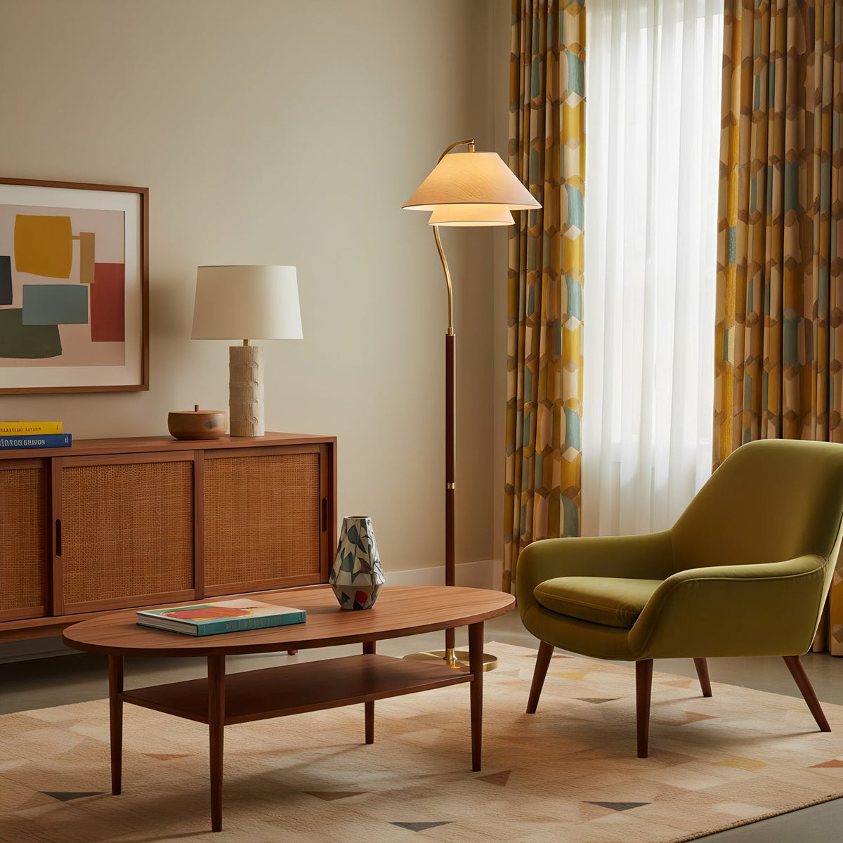 Stehlampe neben einem Sofa im modernen Wohnzimmer