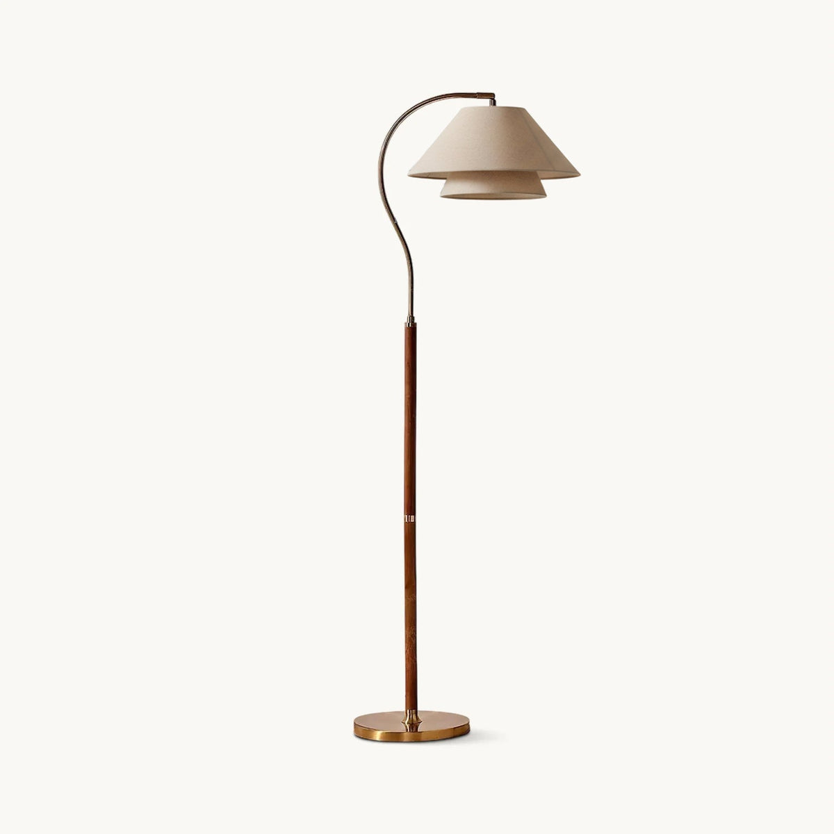 Stehlampe mit doppeltem Leinenschirm und Walnussholz-Details, 155 cm hoch