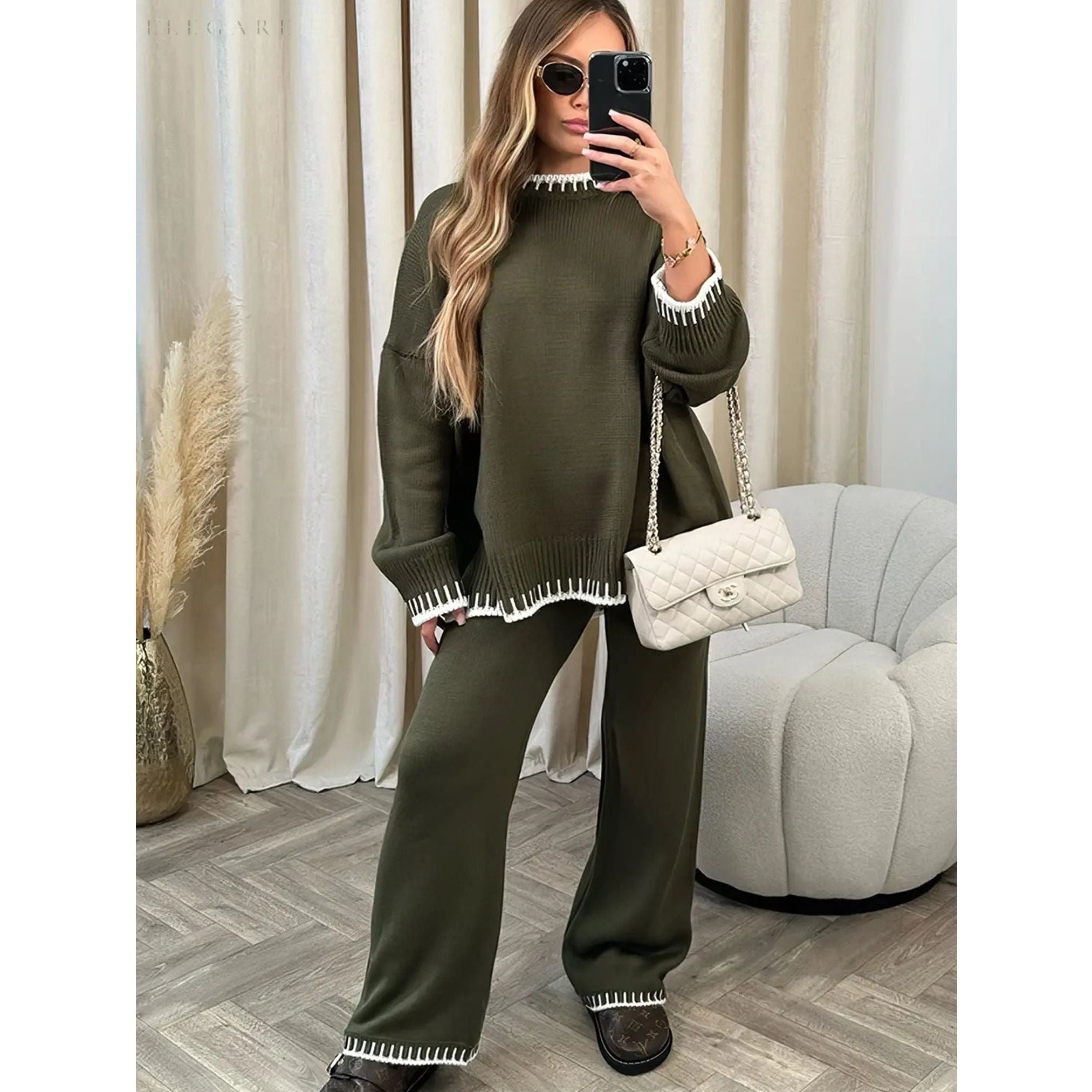 Hanna - Elegantes Set aus Strickpullover und langer Hose für Frauen - Elegare - DEA182 - Grün-XL
