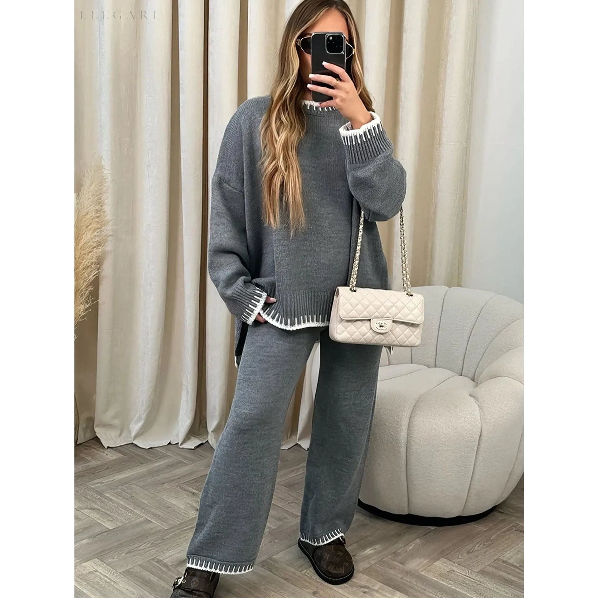 Hanna - Elegantes Set aus Strickpullover und langer Hose für Frauen - Elegare - DEA182 - Grau-XL
