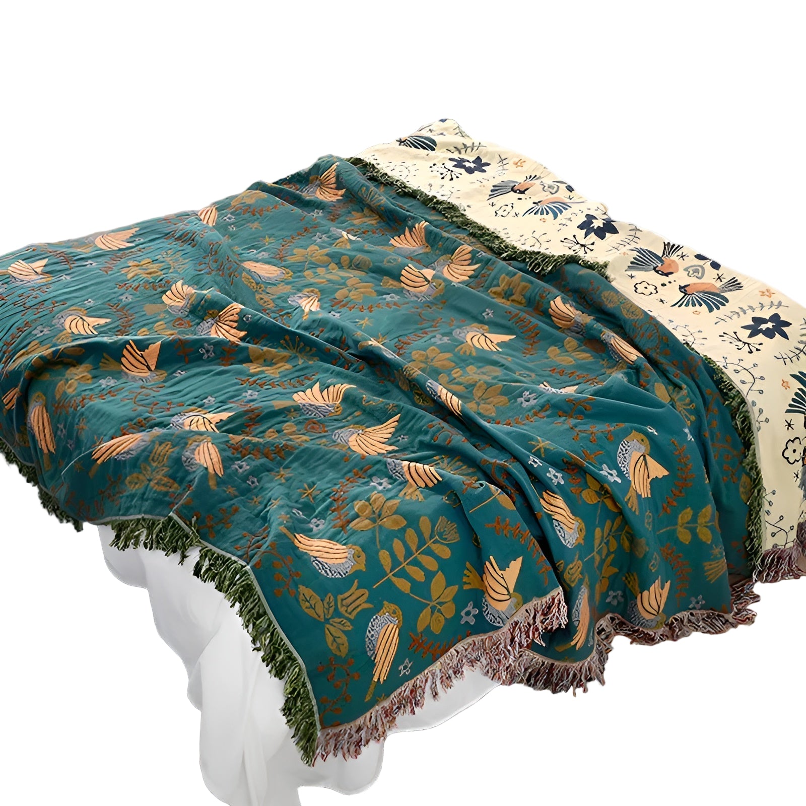 Boho-Decke – Wende-Decke aus Baumwolle mit Stickerei | Vögel- und Blumenmuster