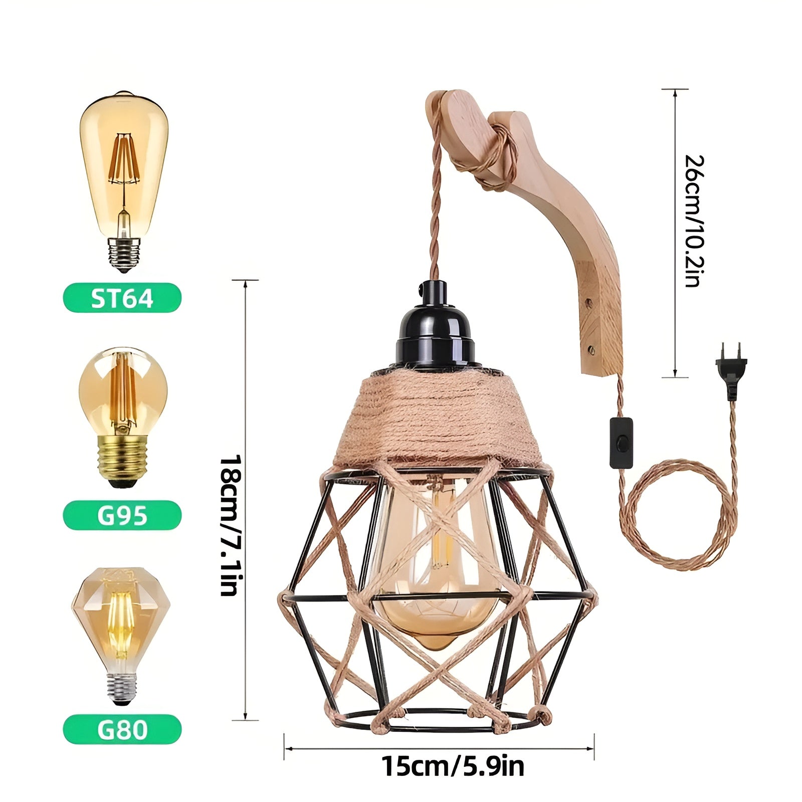 Wandleuchte aus Rattan – Handgefertigt im Boho-Stil mit Holzarm und Jutekabel | Für Wohnzimmer & Schlafzimmer
