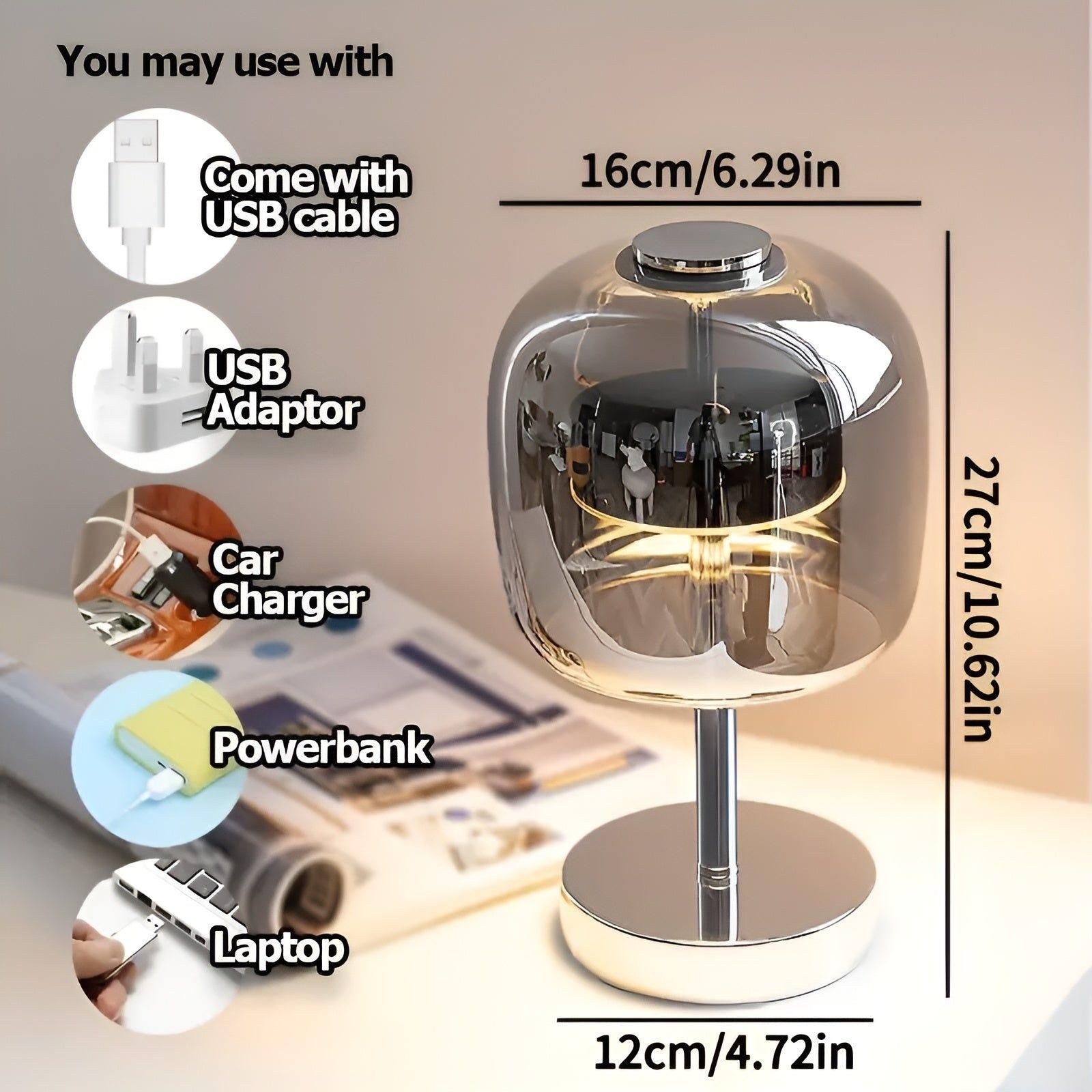 Lux Shine Lampe - Elegant Elektroplattiert Glas-Schreibtischlampe für Ambiente-Beleuchtung - Elegare