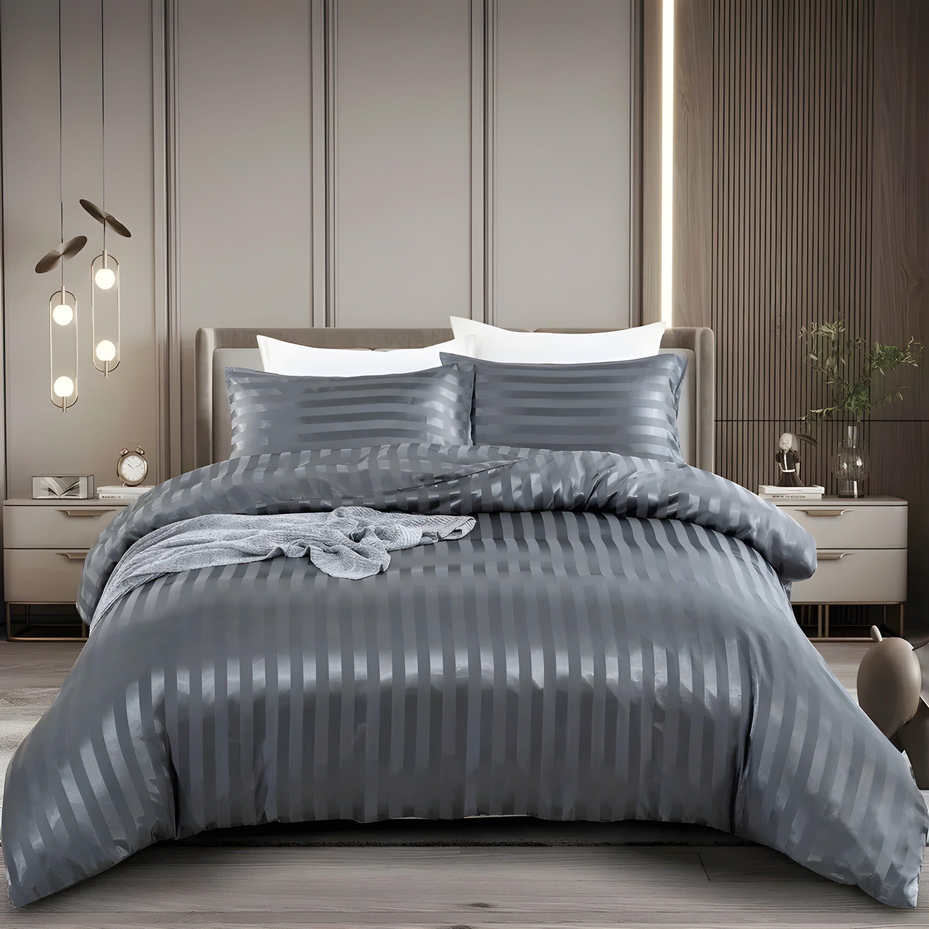 LuxSleep Bettwäscheset - 3-teiliges luxuriöses gestreiftes Bettwäscheset [Bettwäsche mit Reißverschluss