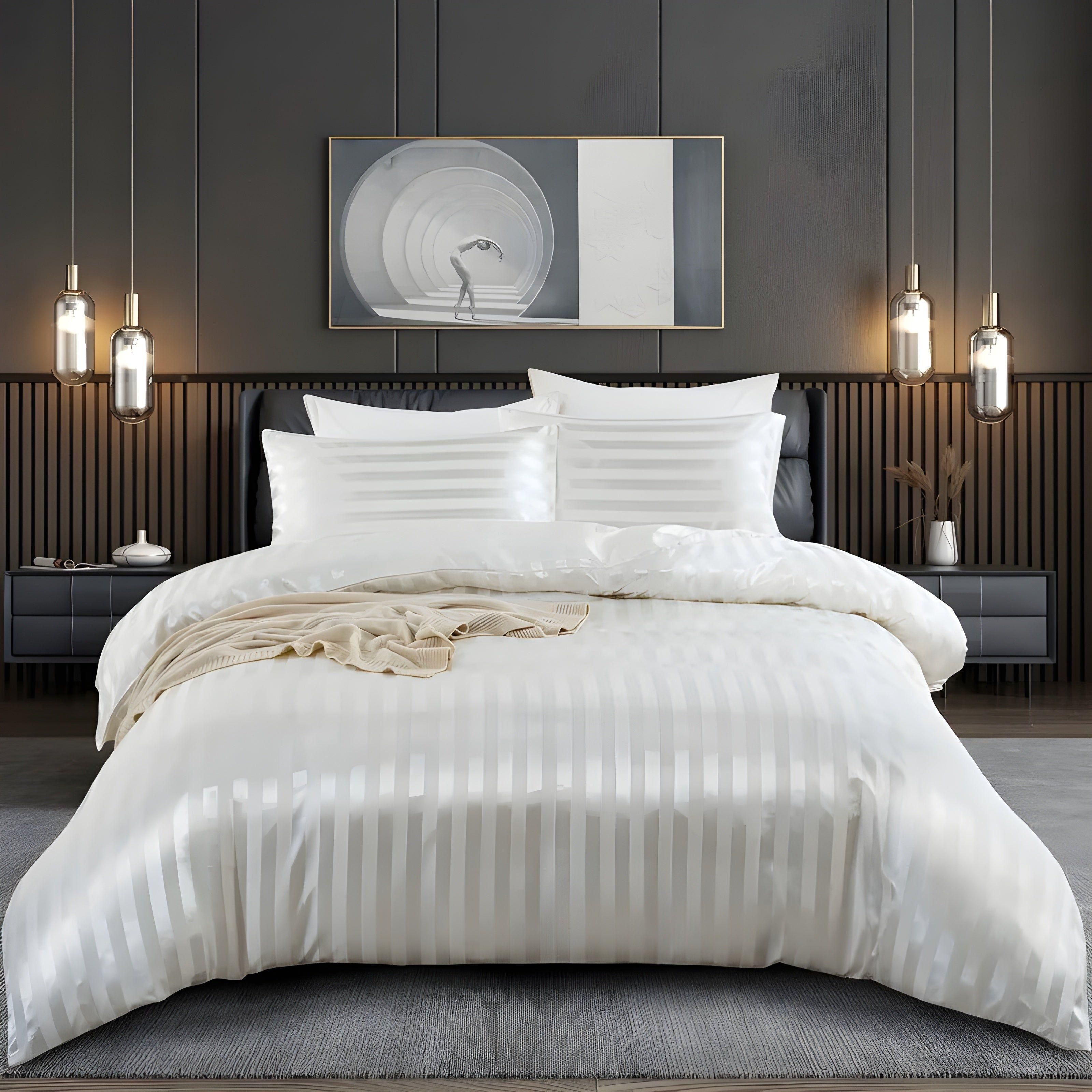 LuxSleep Bettwäscheset - 3-teiliges luxuriöses gestreiftes Bettwäscheset [Bettwäsche mit Reißverschluss