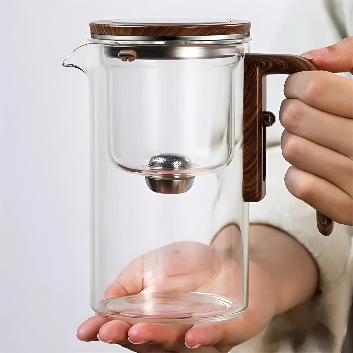 Glasteekanne mit Holzgriff – Ein-Klick-Filter | Perfekt für losen Tee & Puer