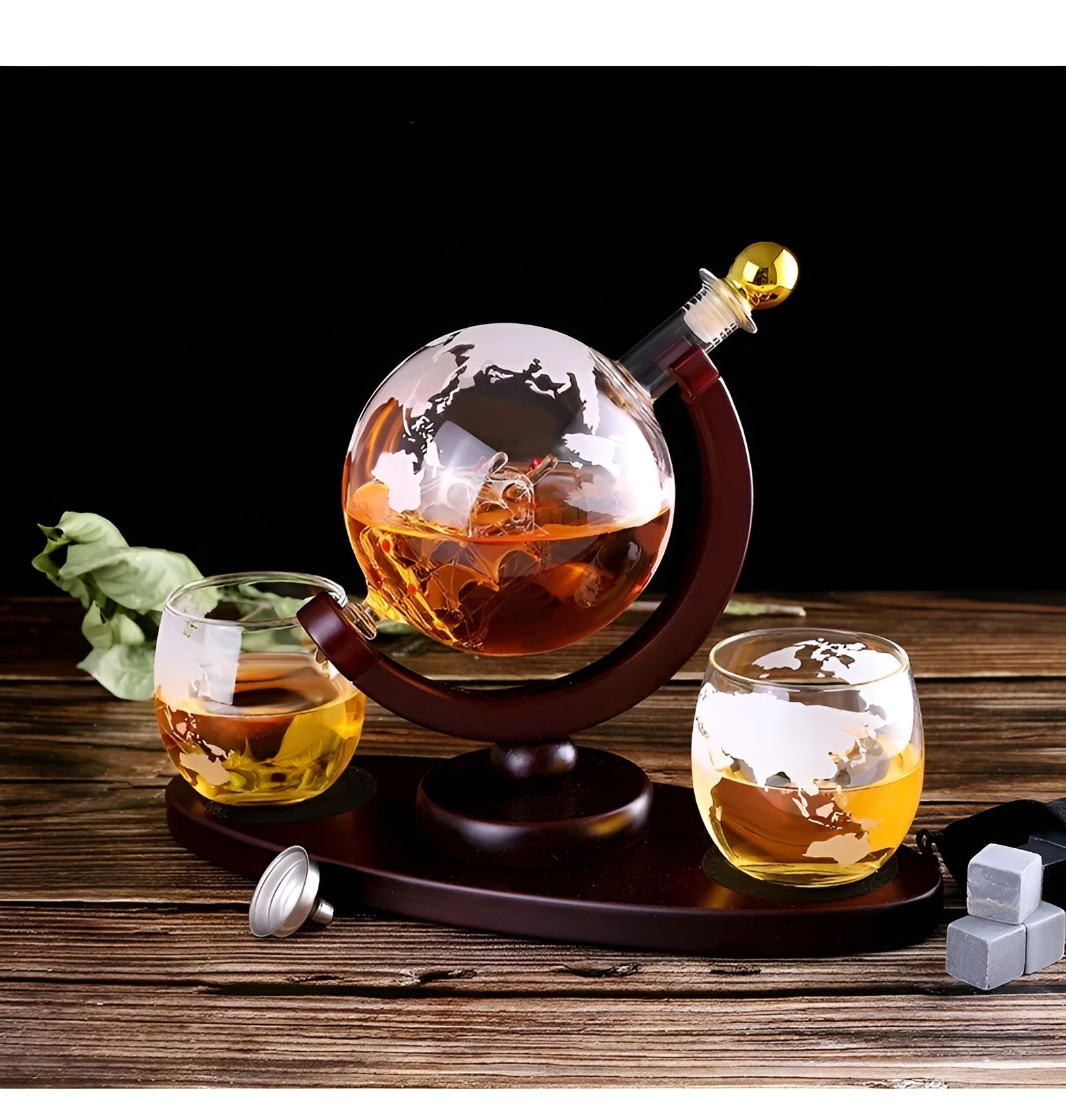 Kristall-Whiskykaraffe mit Gläsern – Weltkugel-Design | Dekorativ für Büro & Zuhause