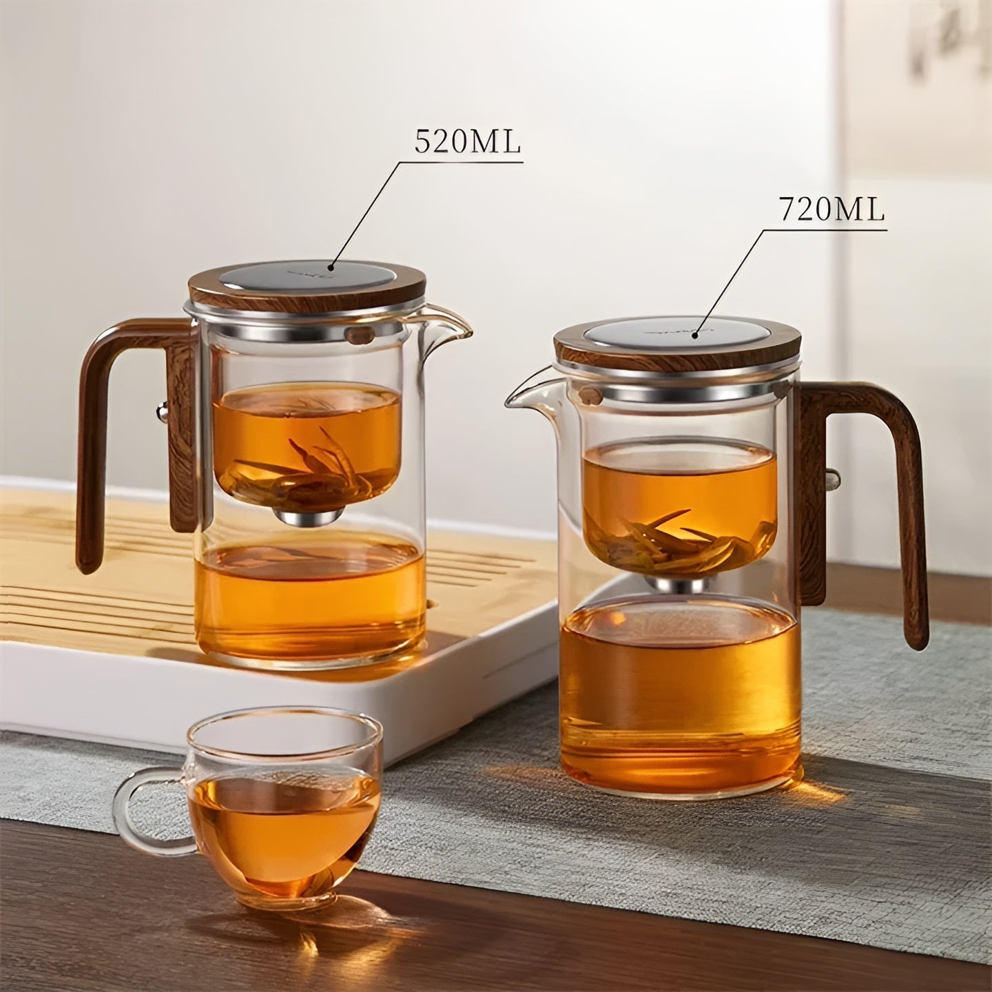Glasteekanne mit Holzgriff – Ein-Klick-Filter | Perfekt für losen Tee & Puer