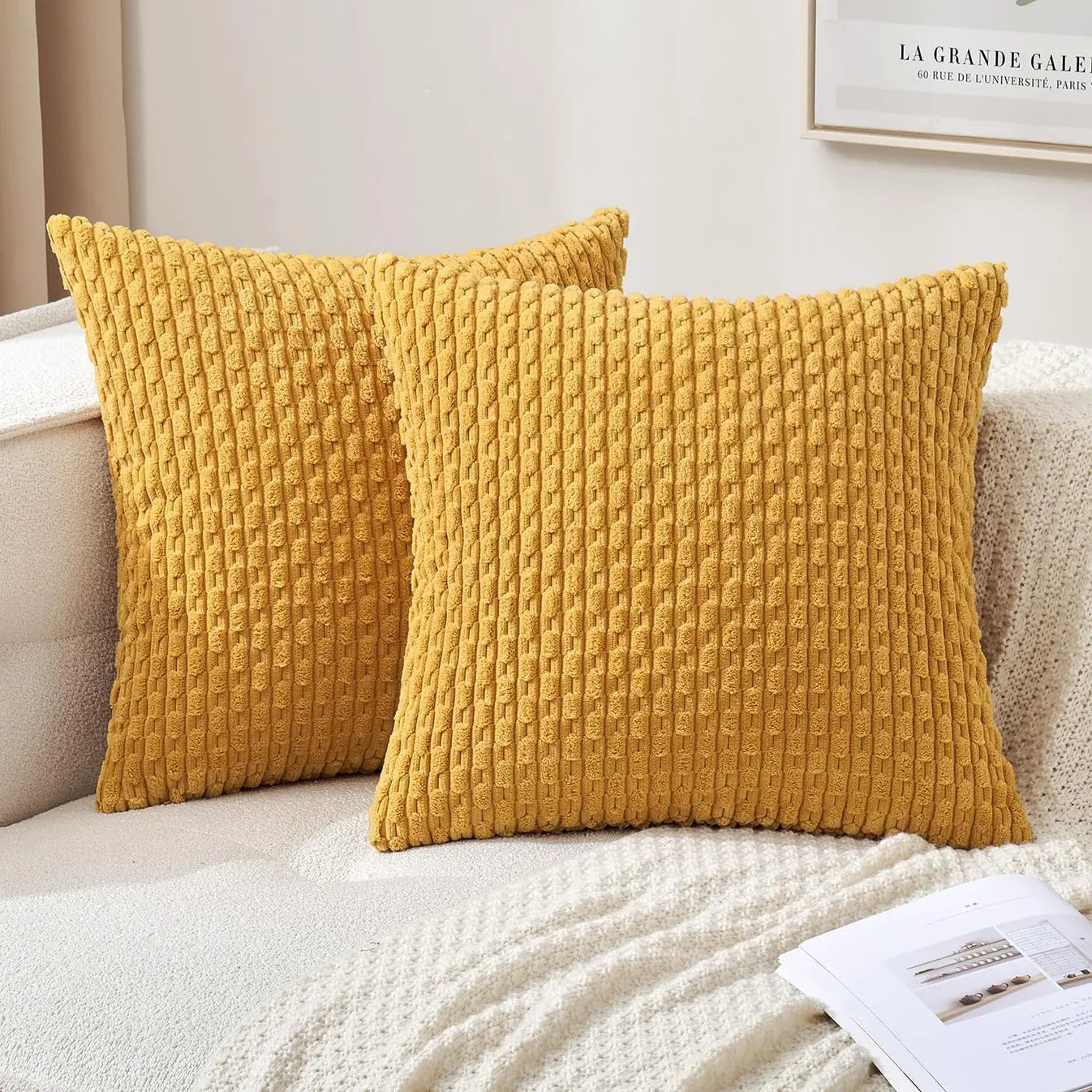 Geripptes Samt-Kissen – Weich & Gemütlich | Boho-Design für Sofa und Bett - Gelb / 40x40cm - Kissen