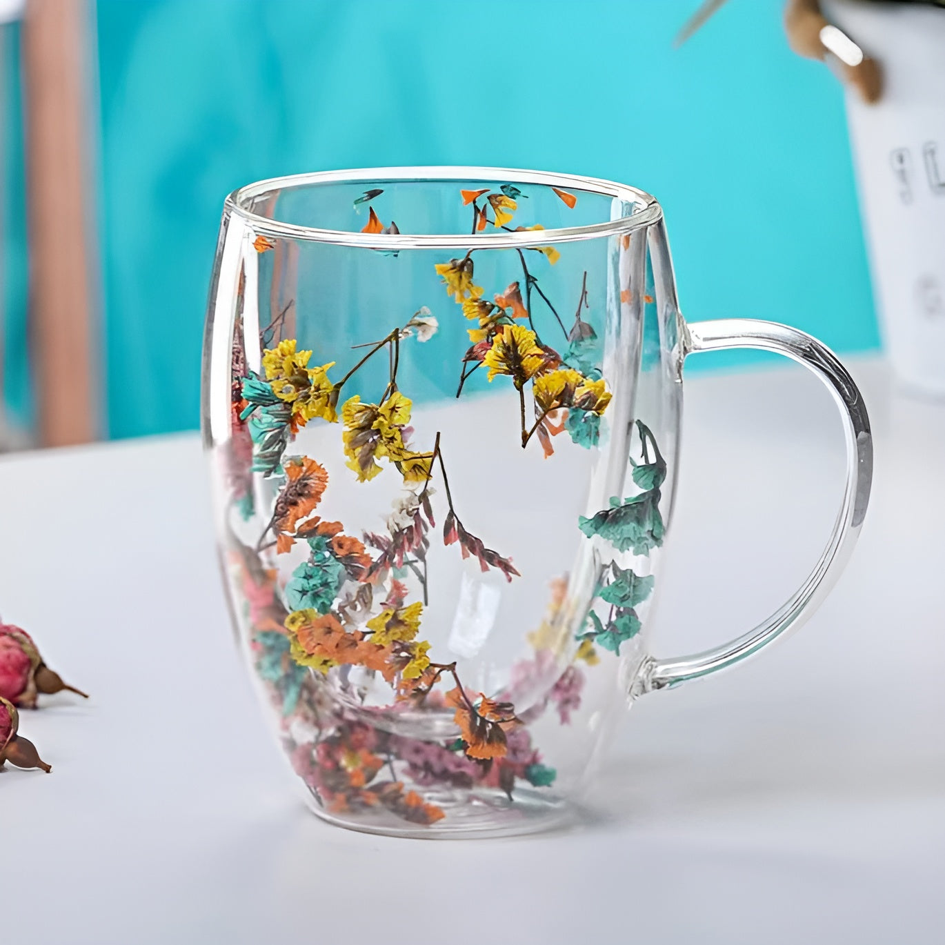 Doppelwandiges Glas – Mit Getrockneten Blumen | Hitzebeständig & Dekorativ für Tee, Kaffee & Zuhause