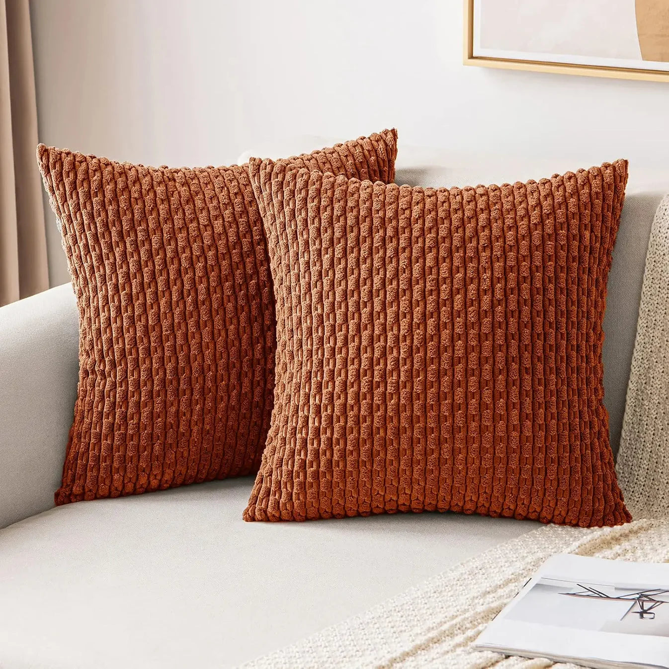 Geripptes Samt-Kissen – Weich & Gemütlich | Boho-Design für Sofa und Bett - Orange / 40x40cm - Kissen