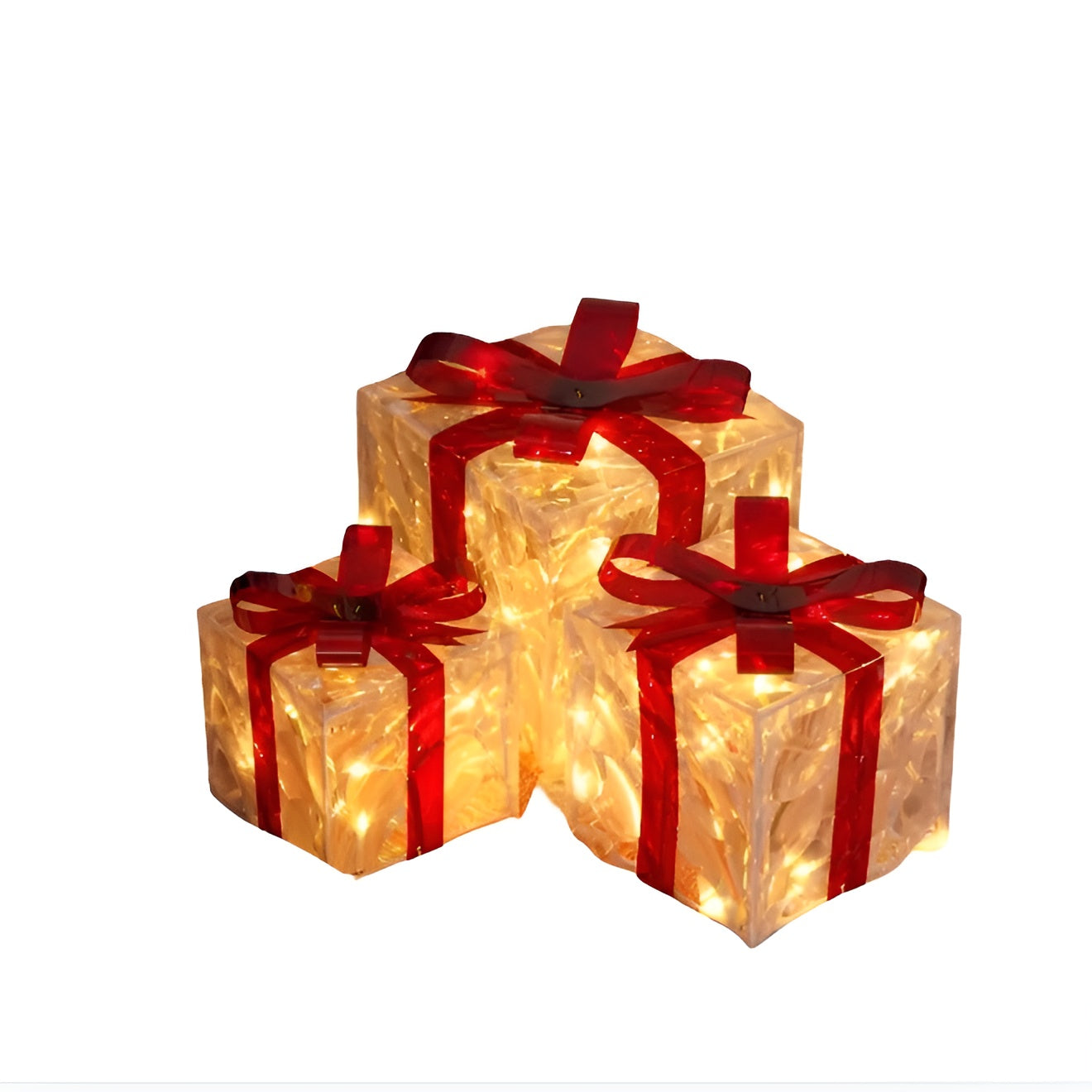 Leuchtende Geschenkboxen Set (3-teilig) – Weihnachtsdekoration mit Warmweißem Licht | Transparent mit Roten Schleifen für Zuhause