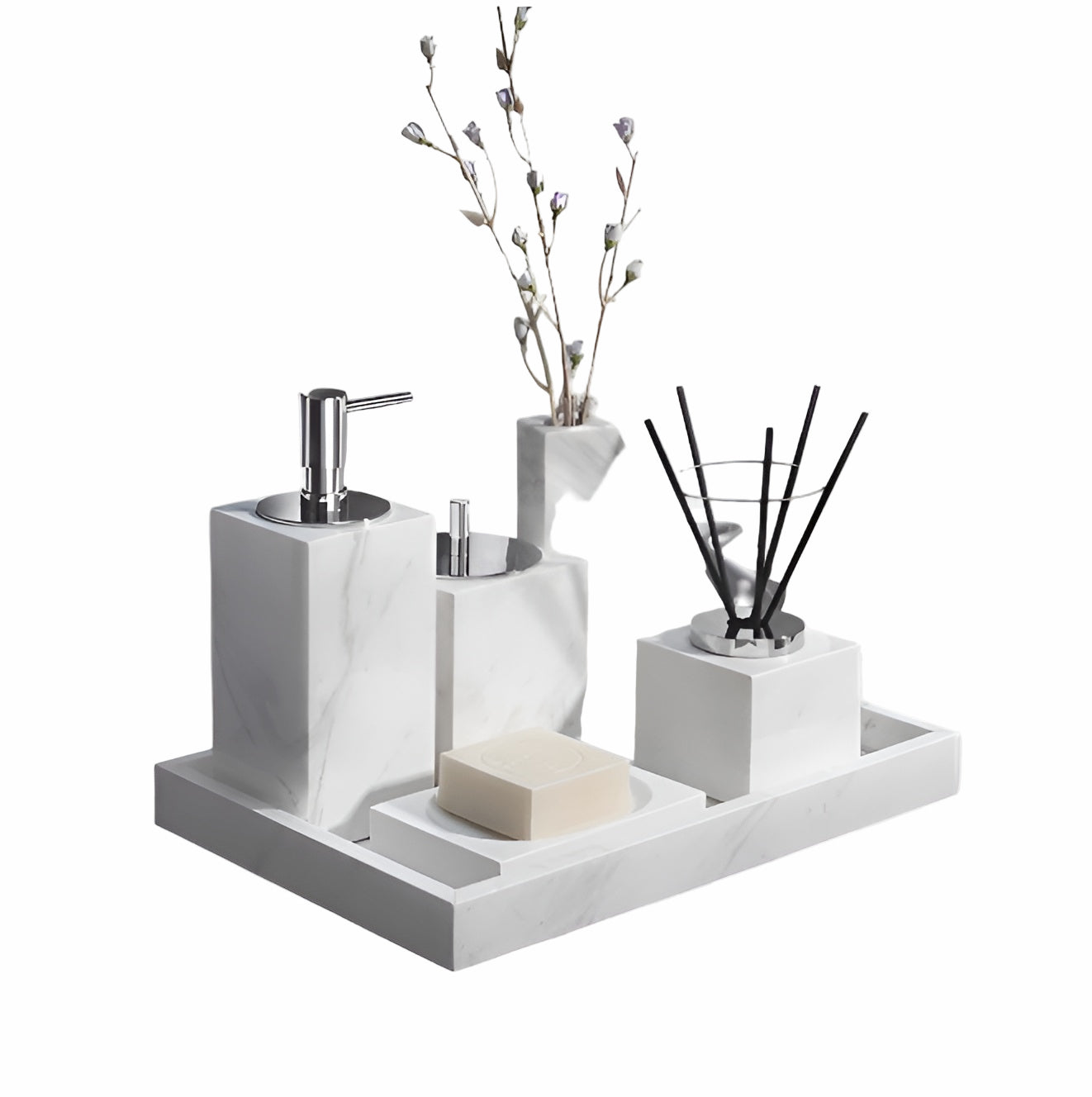 Badezimmer-Set aus Weißem Marmor – Seifenspender, Seifenschale, Toilettenbürste & Tablett | Elegante Bad-Accessoires
