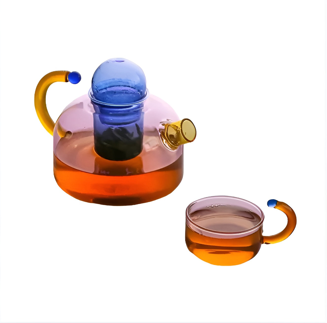 Transparente Teekanne & Tassen – Stilvolles Set in Kontrastfarben