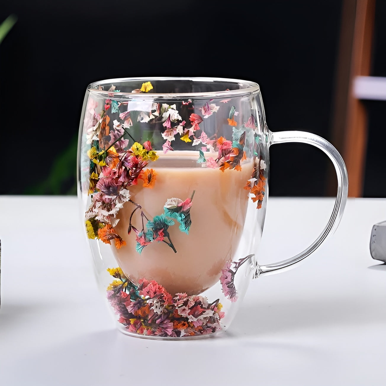 Doppelwandiges Glas – Mit Getrockneten Blumen | Hitzebeständig & Dekorativ für Tee, Kaffee & Zuhause