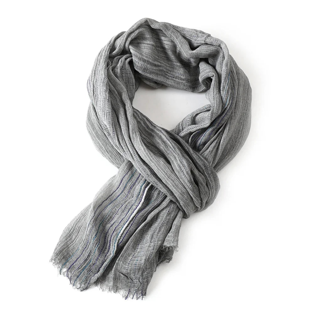 Gestreifter Baumwoll-Leinen-Schal mit kurzen Fransen in Beige – Unisex Herbst Winter Accessoire