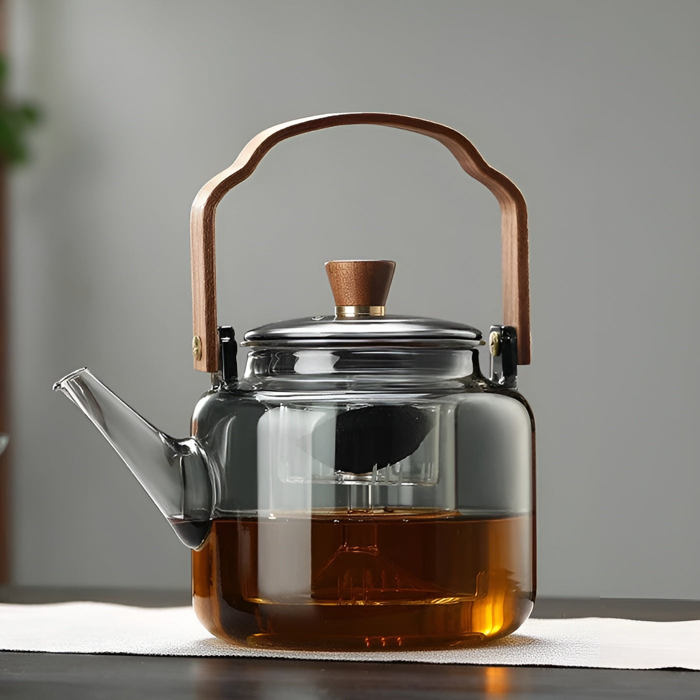 Glas-Teekanne mit Holzdeckel und Sieb – Elegantes Design | 1,2 L Rauchglas für stilvollen Teegenuss - Decke