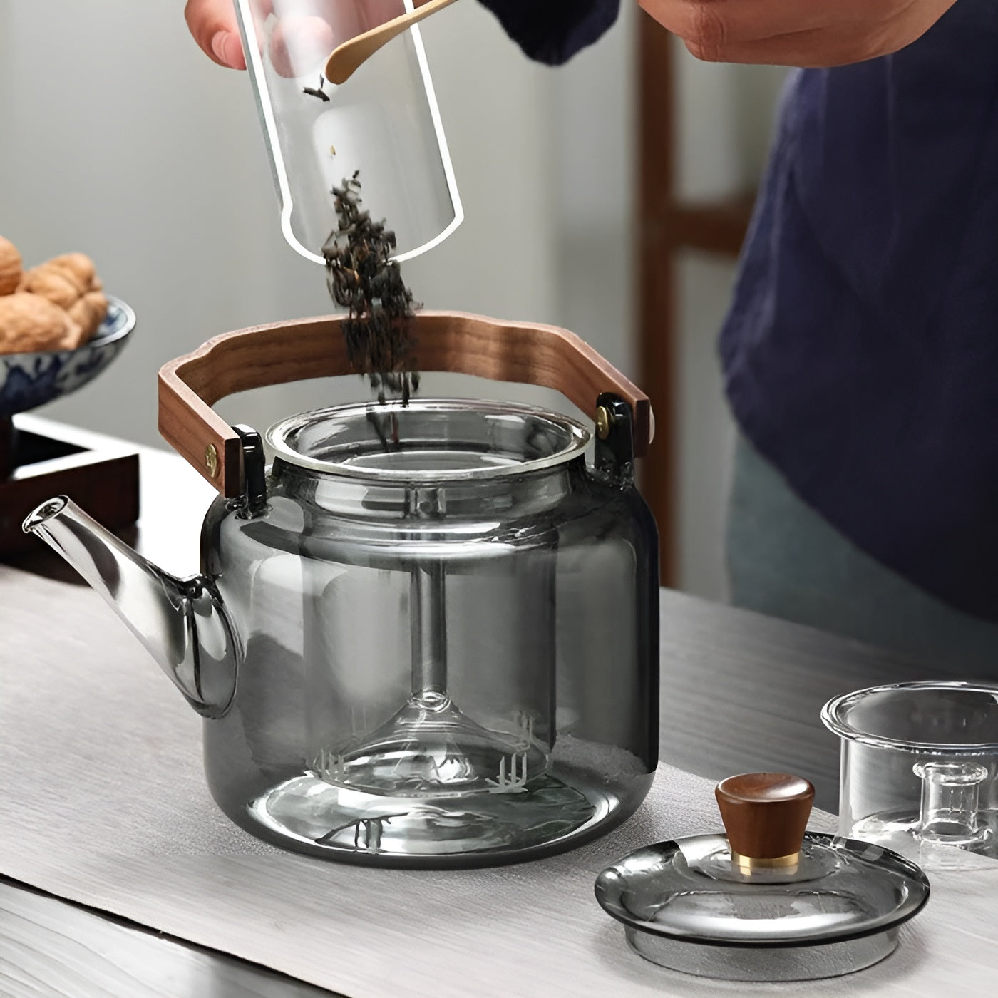 Glas-Teekanne mit Holzdeckel und Sieb – Elegantes Design | 1,2 L Rauchglas für stilvollen Teegenuss - Decke