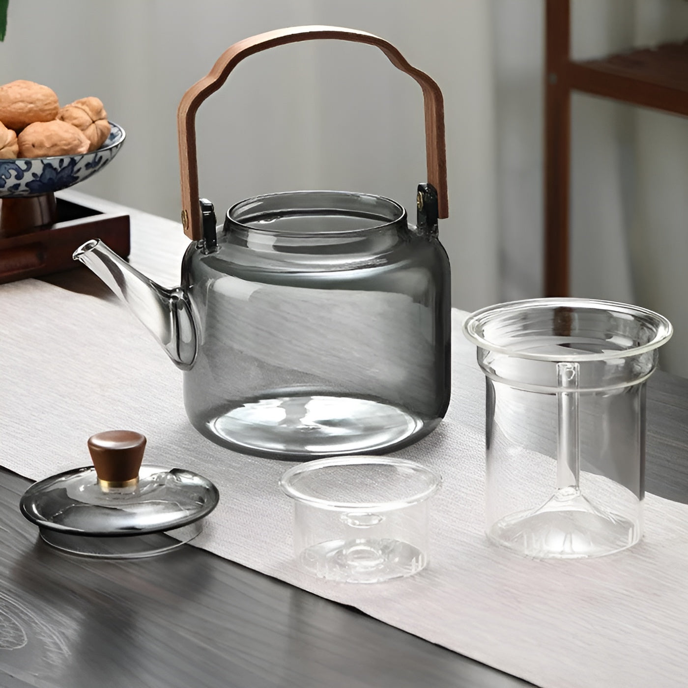 Glas-Teekanne mit Holzdeckel und Sieb – Elegantes Design | 1,2 L Rauchglas für stilvollen Teegenuss - Decke