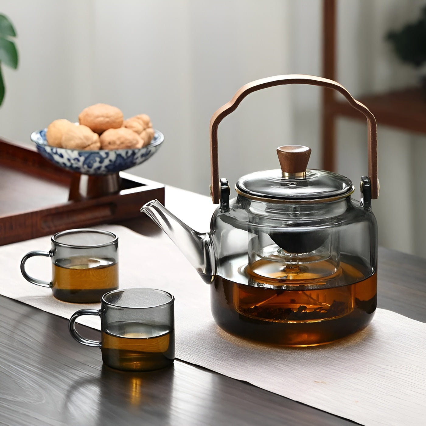 Glas-Teekanne mit Holzdeckel und Sieb – Elegantes Design | 1,2 L Rauchglas für stilvollen Teegenuss - Decke