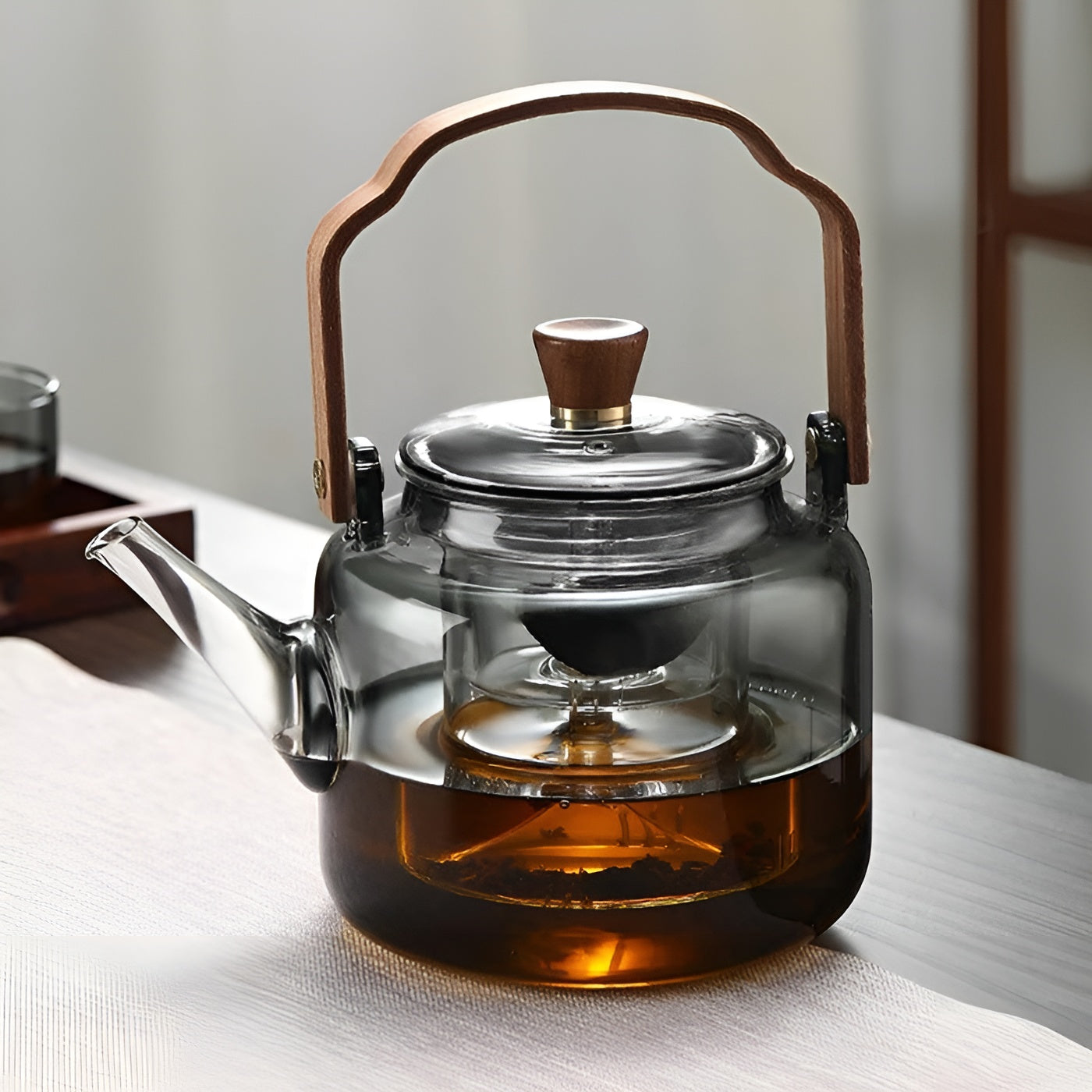 Glas-Teekanne mit Holzdeckel und Sieb – Elegantes Design | 1,2 L Rauchglas für stilvollen Teegenuss - Decke
