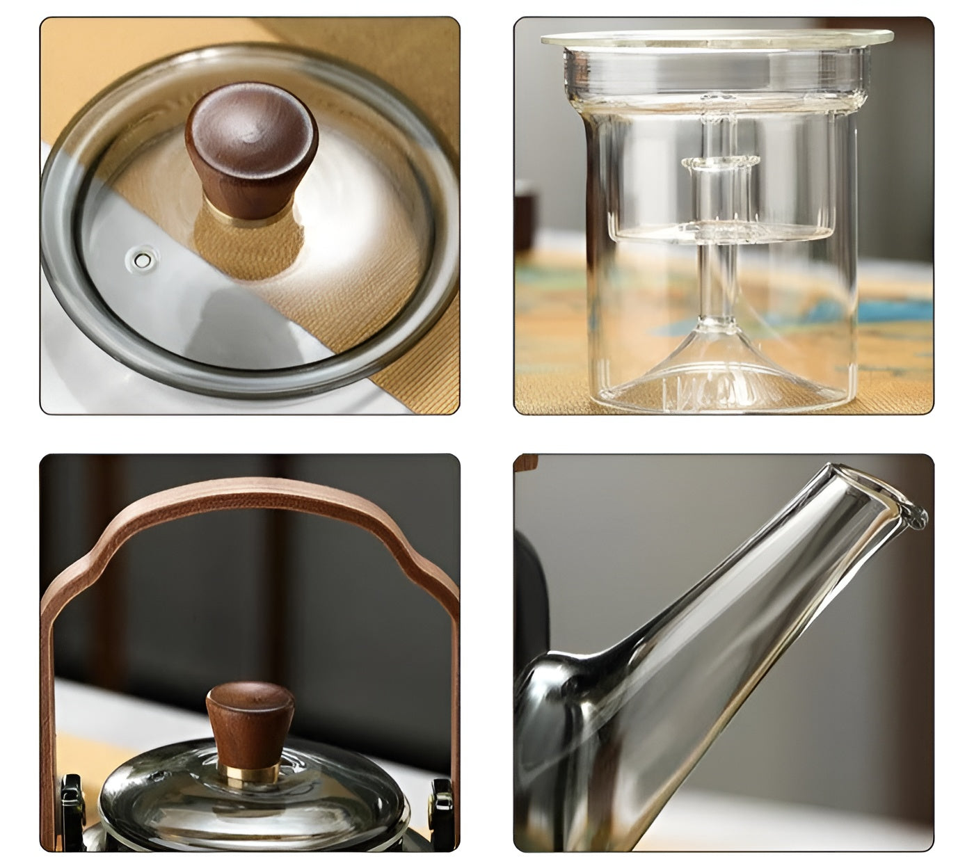 Glas-Teekanne mit Holzdeckel und Sieb – Elegantes Design | 1,2 L Rauchglas für stilvollen Teegenuss - Decke