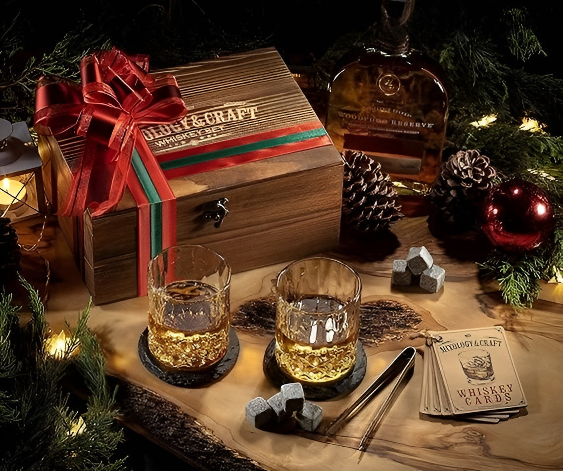 Whiskeyglas-Set mit Kühlsteinen –Mit Kühlsteinen & Kristallgläsern | Edles Geschenk mit Holzbox & Untersetzern