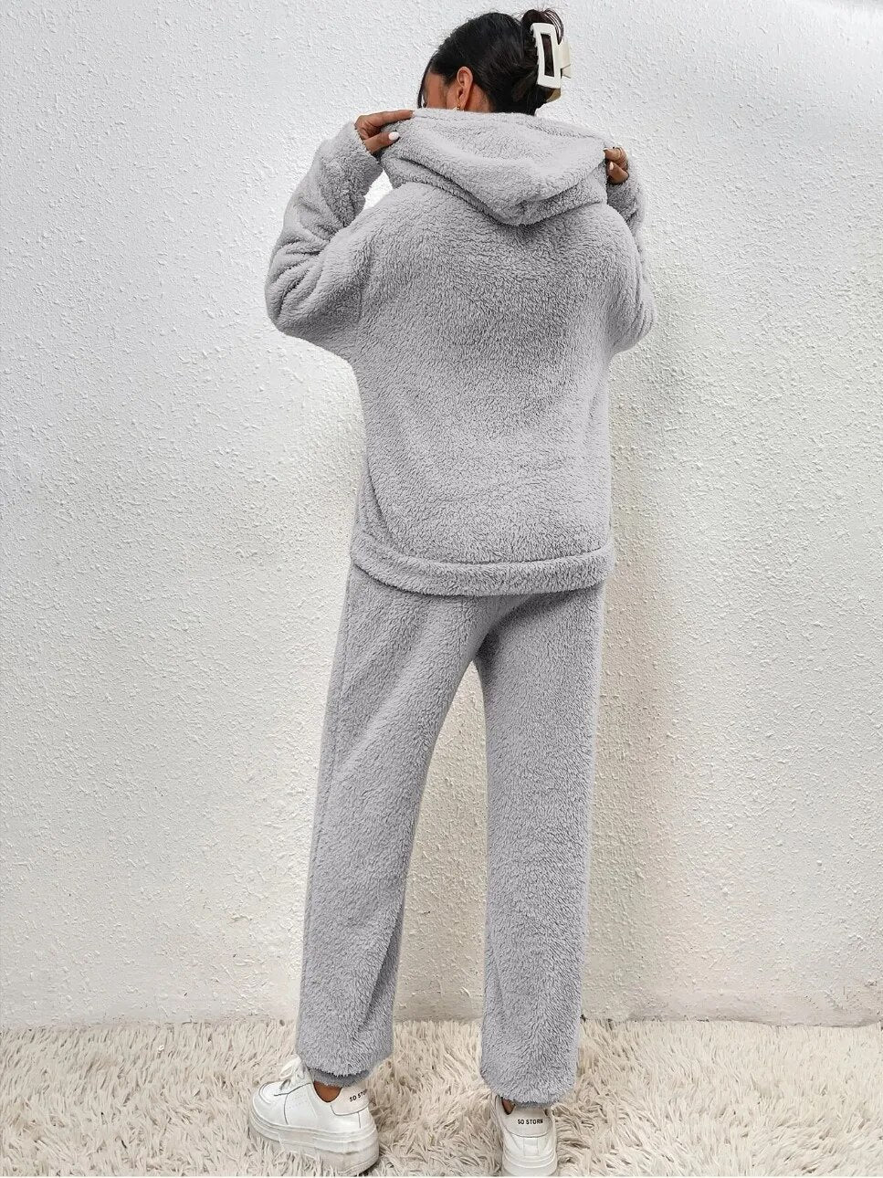 Damen Teddy-Loungewear-Set zweiteilig – Hoodie und Langhose