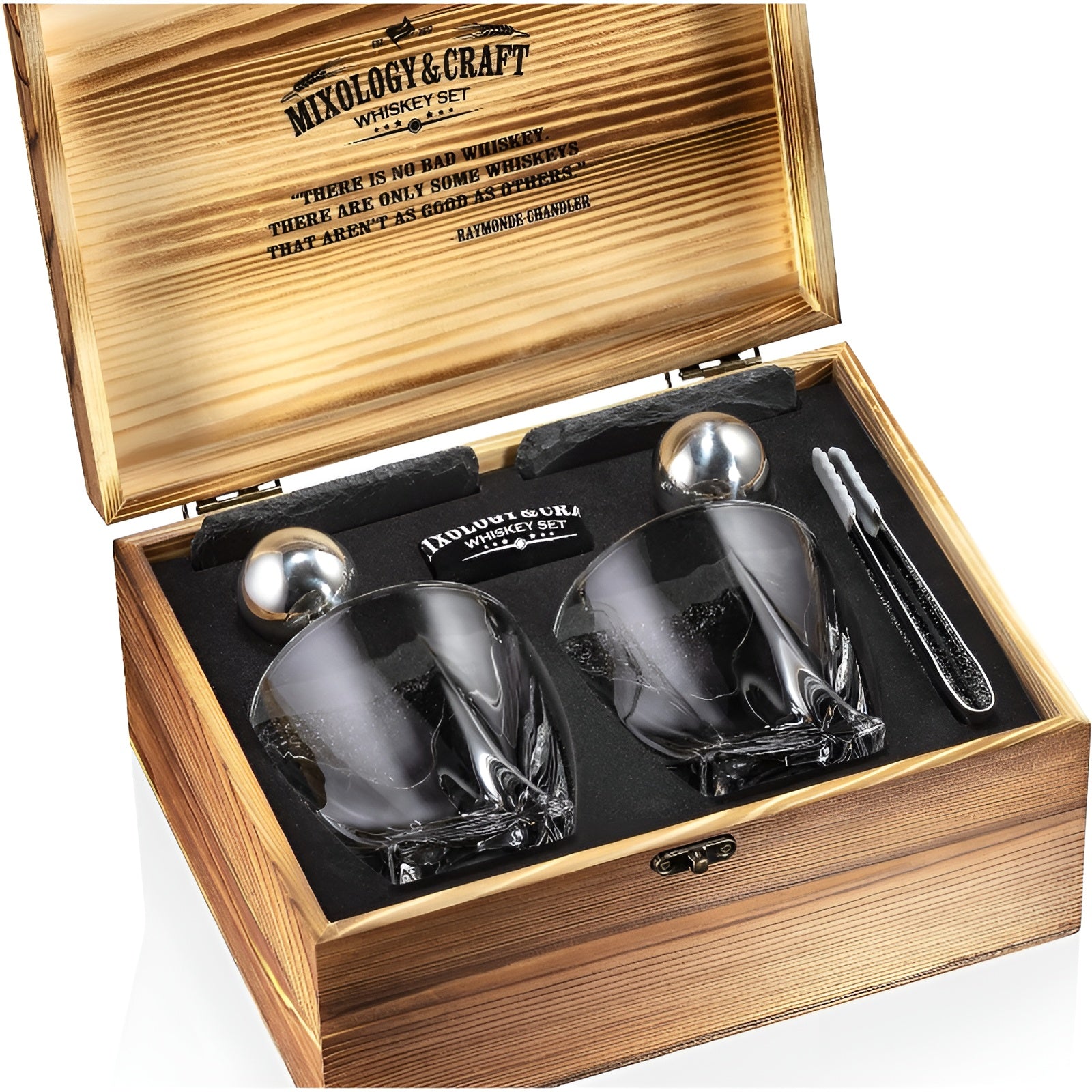 Whiskeyglas-Set mit Kühlsteinen –Mit Kühlsteinen & Kristallgläsern | Edles Geschenk mit Holzbox & Untersetzern