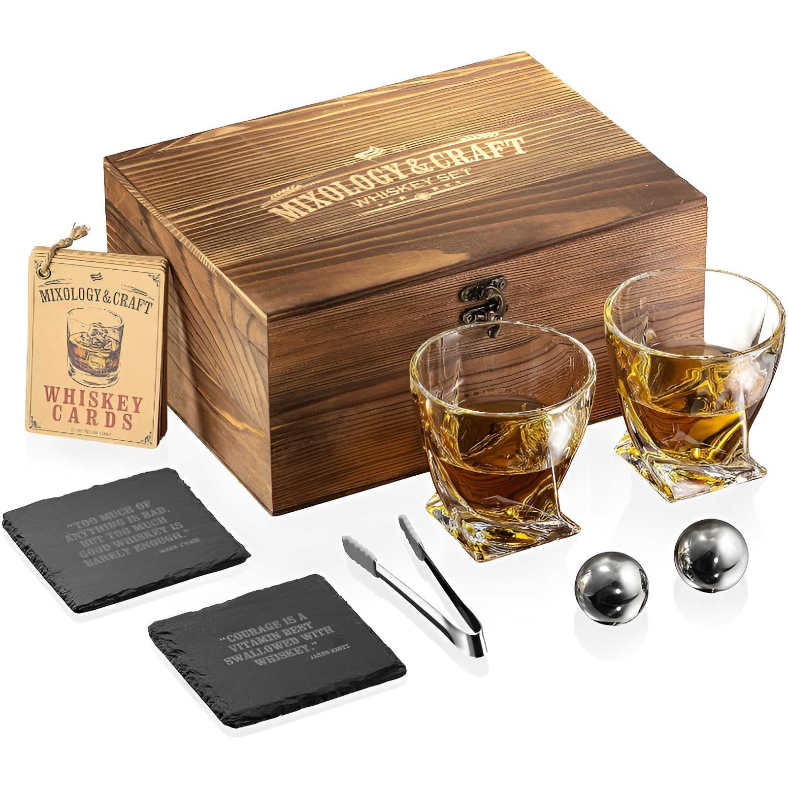 Whiskeyglas-Set mit Kühlsteinen –Mit Kühlsteinen & Kristallgläsern | Edles Geschenk mit Holzbox & Untersetzern