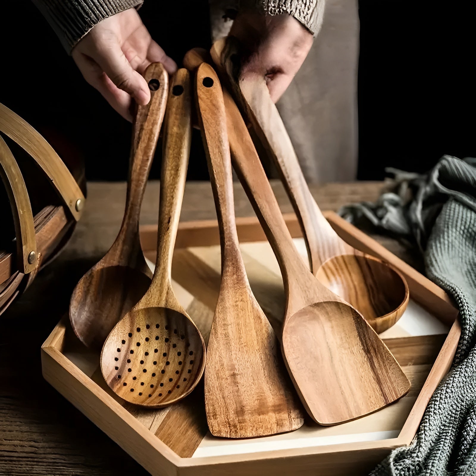 Holz-Küchenutensilienset – 5-teiliges Set Natürliche Pfannenwender für Antihaftpfannen