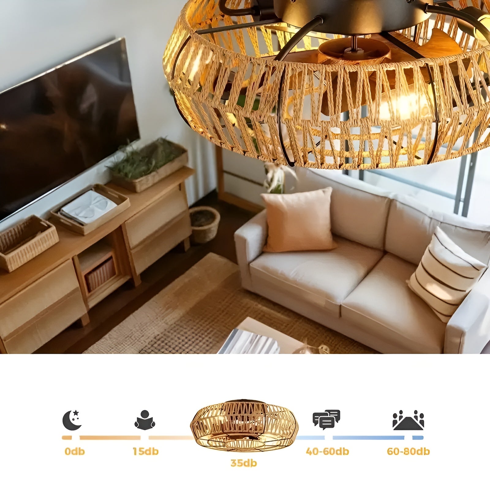 Deckenventilator mit Rattanlampe – Handgeflochten & Vintage-Stil | Für Wohnräume