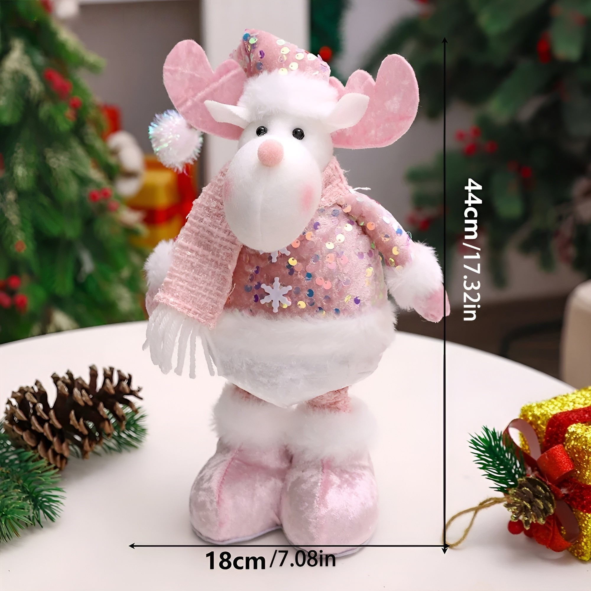 Teleskopischer Weihnachtsmann – Weihnachtsdekorationsfigur, Schneemann und Elch | Funkelnde rosa Pailletten für Fenster und Wohnungen