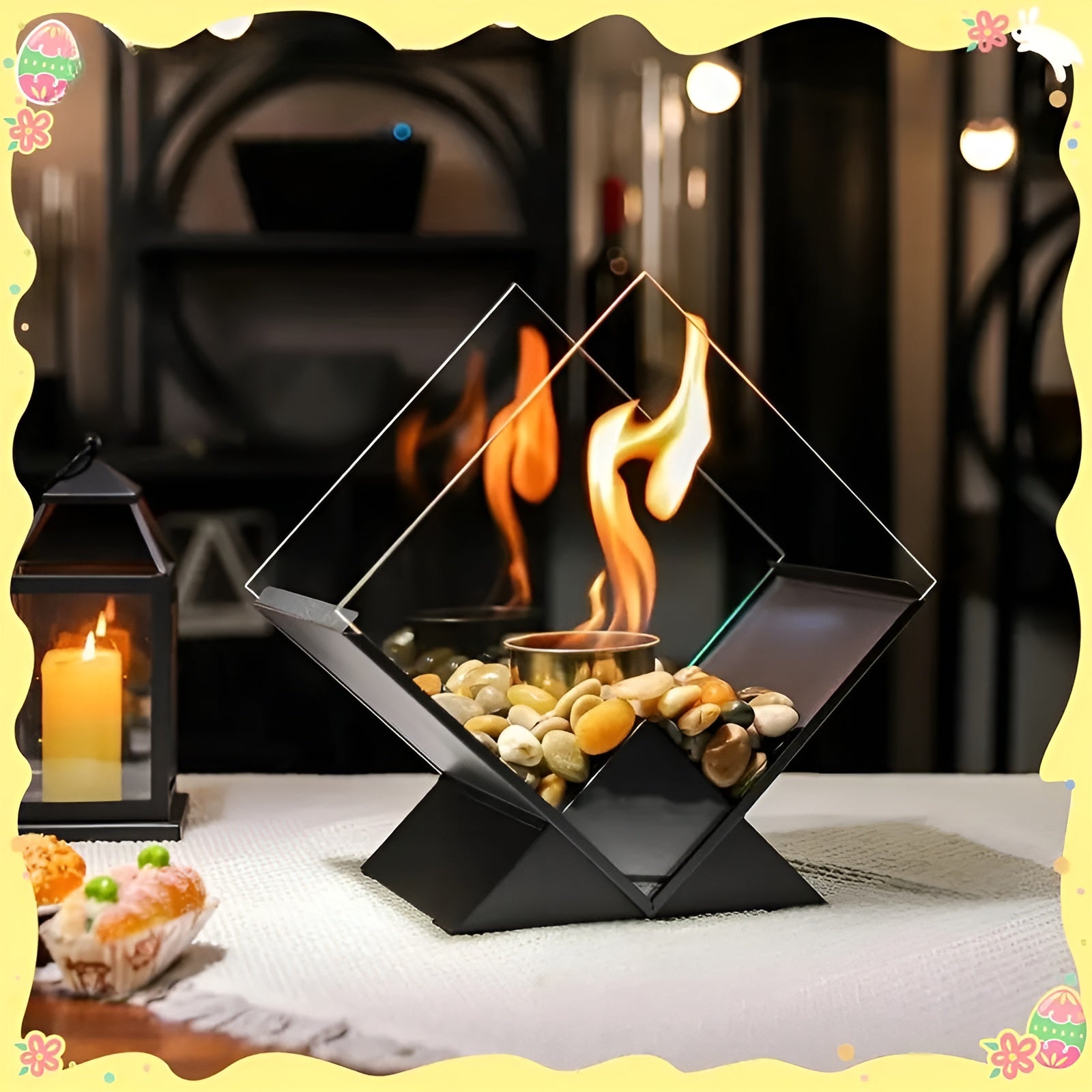 Tischkamin mit Steindeko – Stilvolles Ethanol-Feuer | Perfekt für Wohnzimmer & Balkon