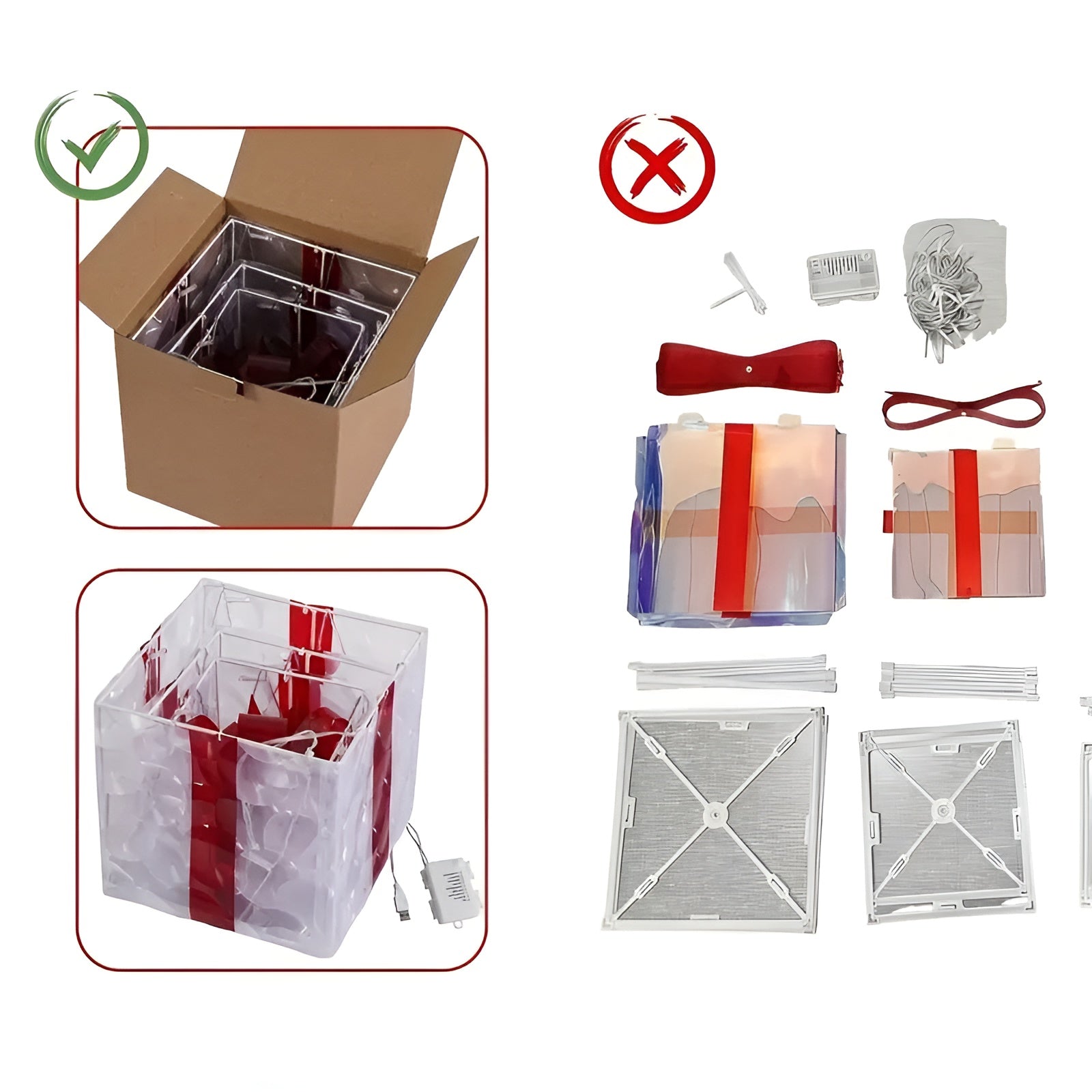 Leuchtende Geschenkboxen Set (3-teilig) – Weihnachtsdekoration mit Warmweißem Licht | Transparent mit Roten Schleifen für Zuhause