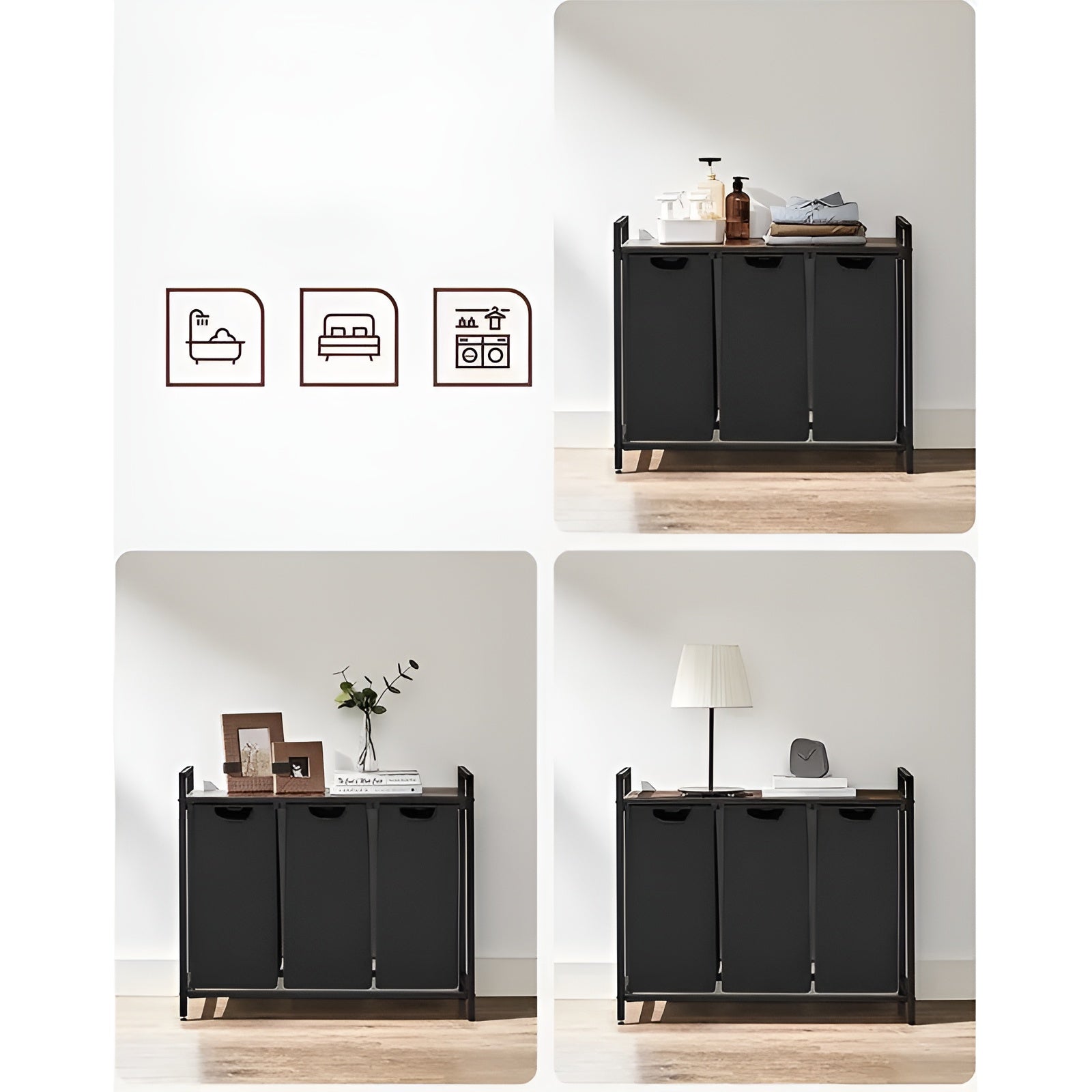 Wäschekorb mit Fächern – Ausziehbarer Wäschesortierer mit Ablage | Schwarzes Metall & Holzoptik in Braun